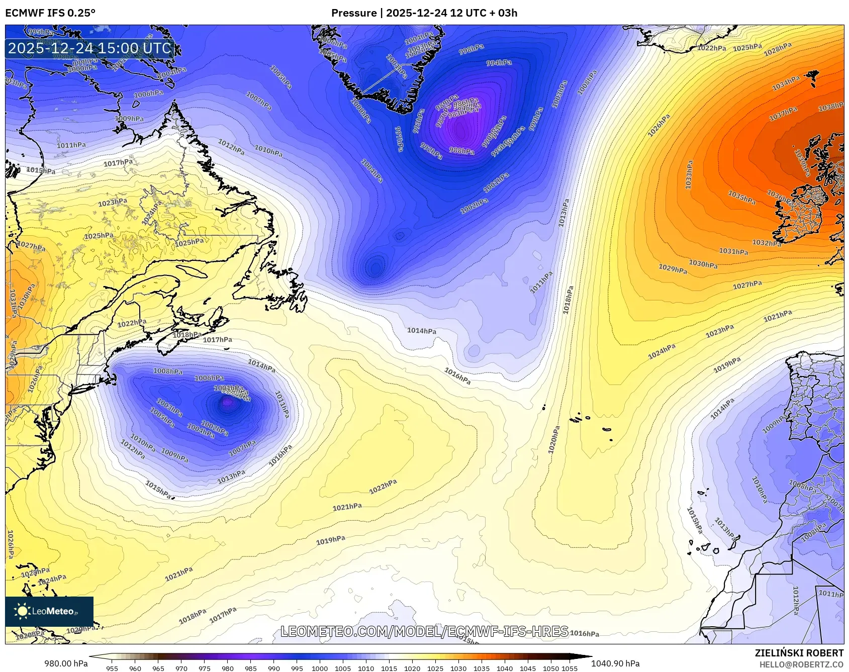 ECMWF IFS 0.25° model - North Atlantic, Pressure