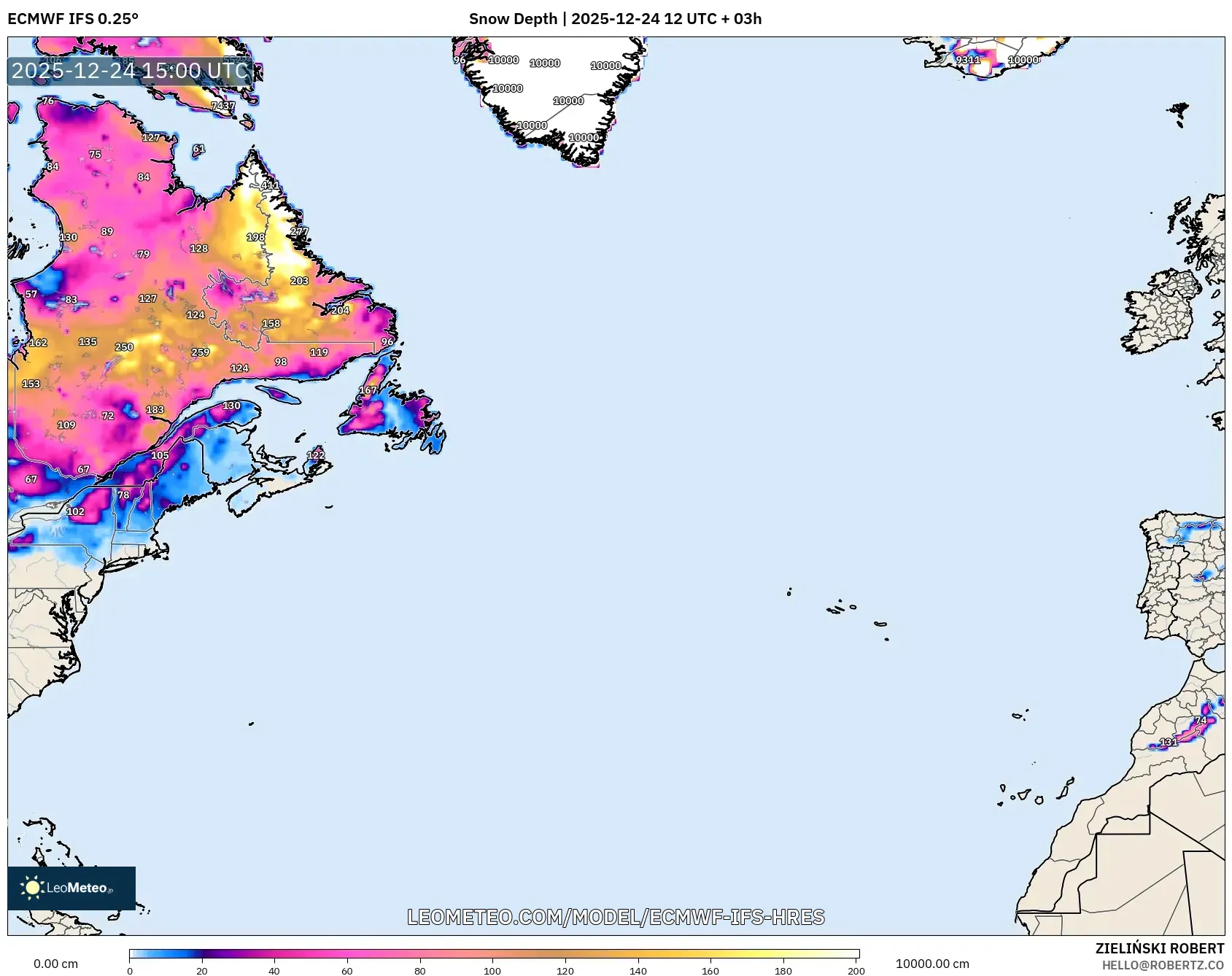 ECMWF IFS 0.25° model - North Atlantic, Snow Depth