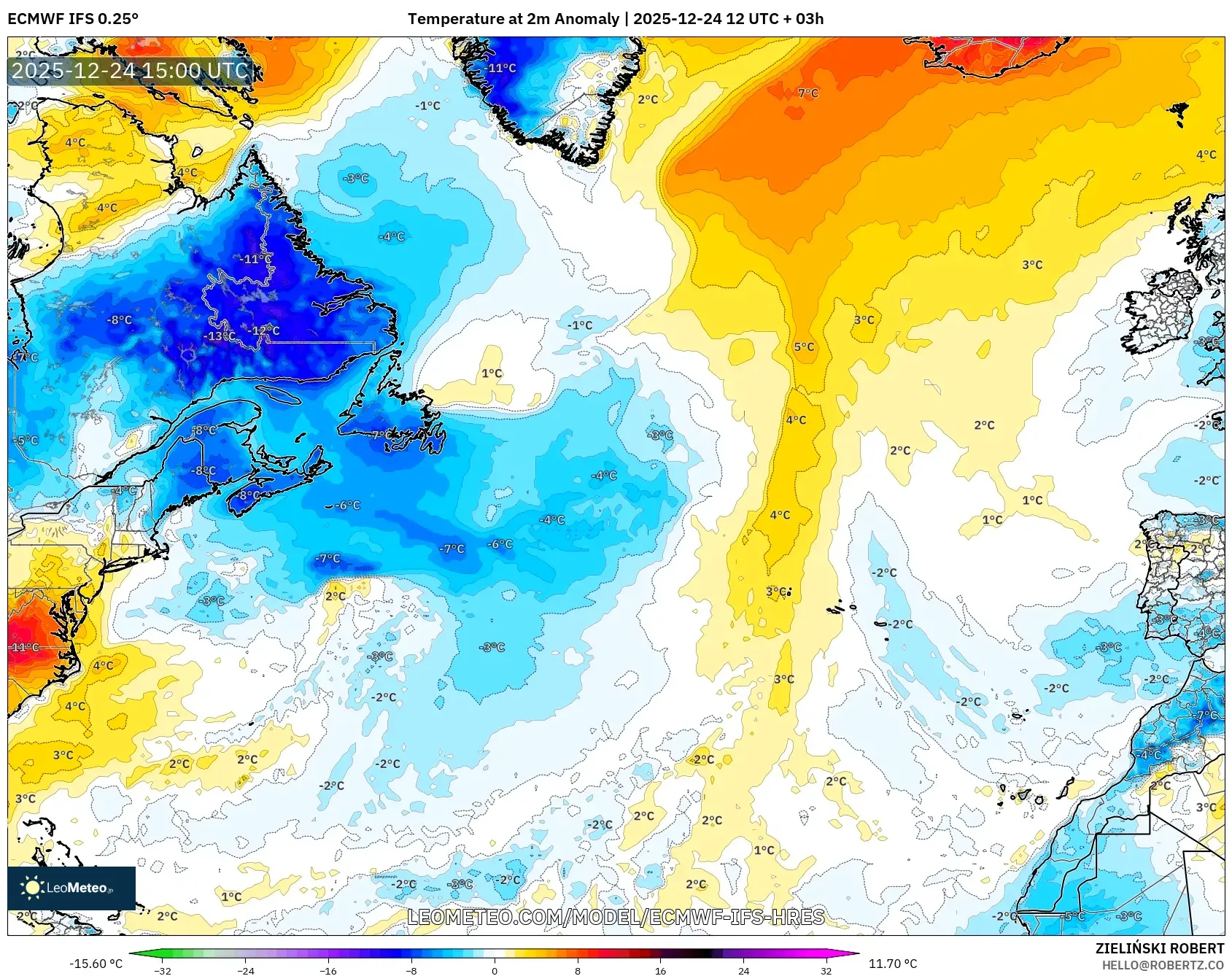 ECMWF IFS 0.25° model - North Atlantic, Temperature at 2m Anomaly