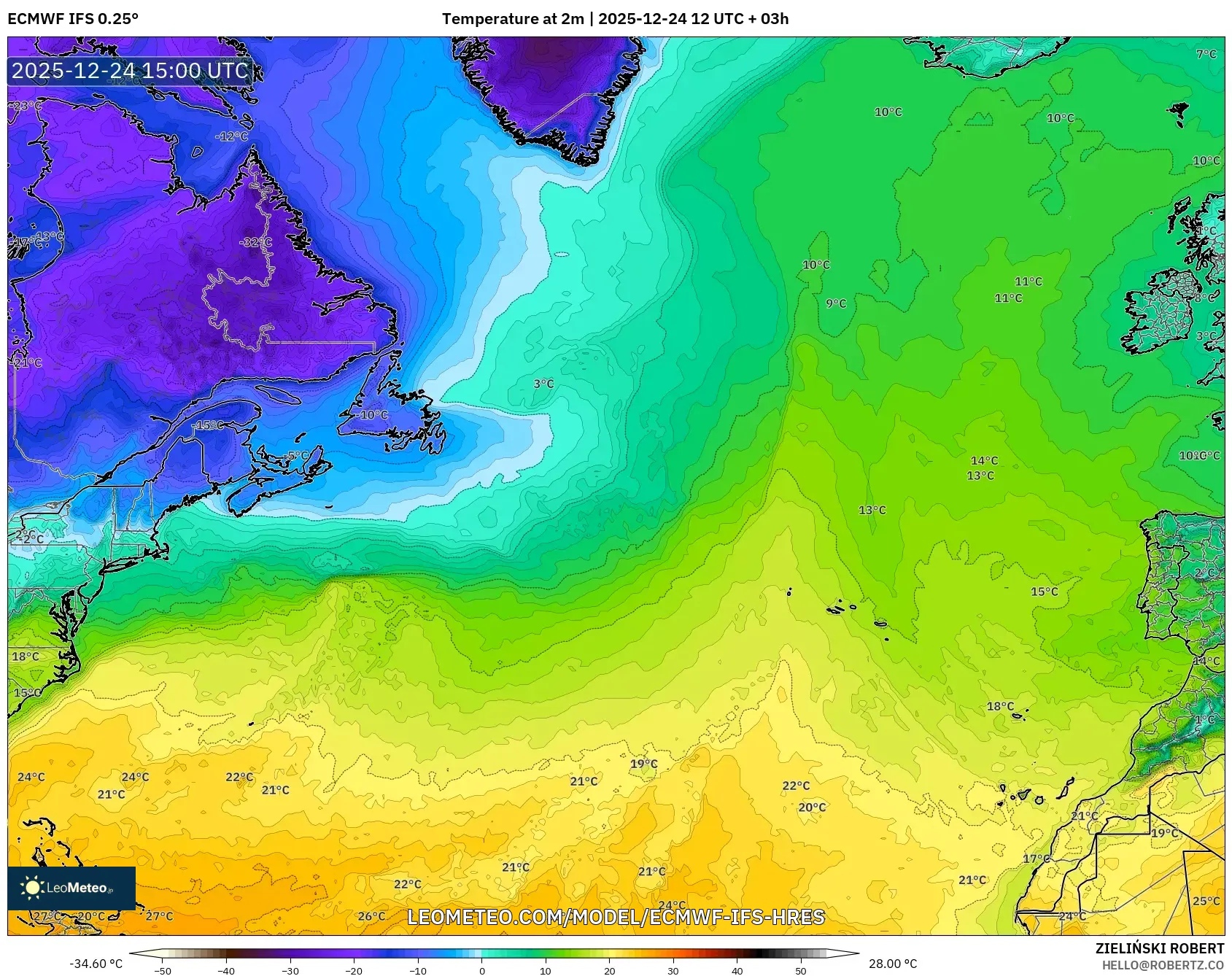 ECMWF IFS 0.25° model - North Atlantic, Temperature at 2m