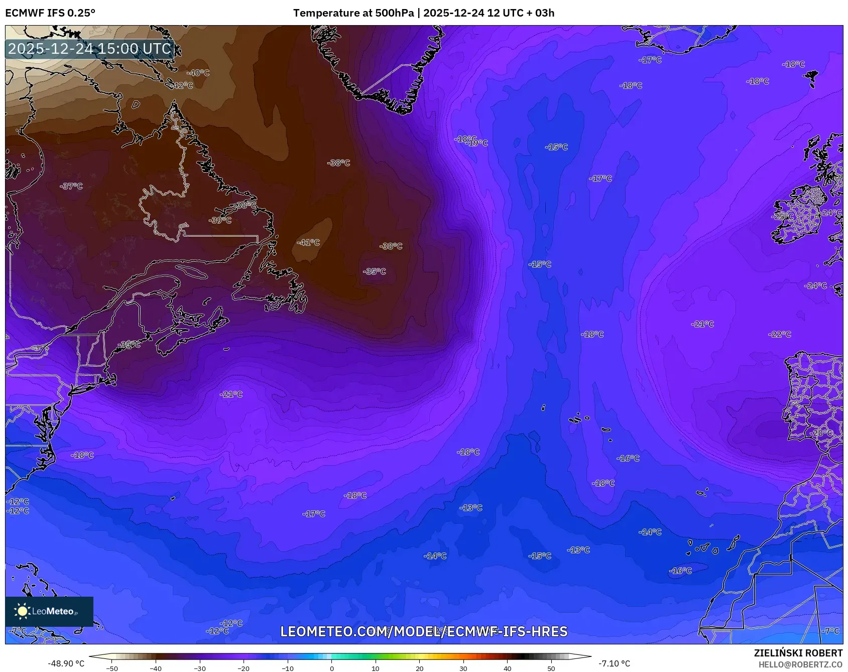 ECMWF IFS 0.25° model - North Atlantic, Temperature at 500hPa