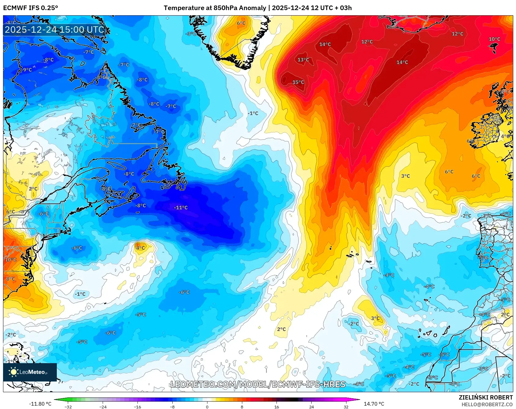ECMWF IFS 0.25° model - North Atlantic, Temperature at 850hPa Anomaly