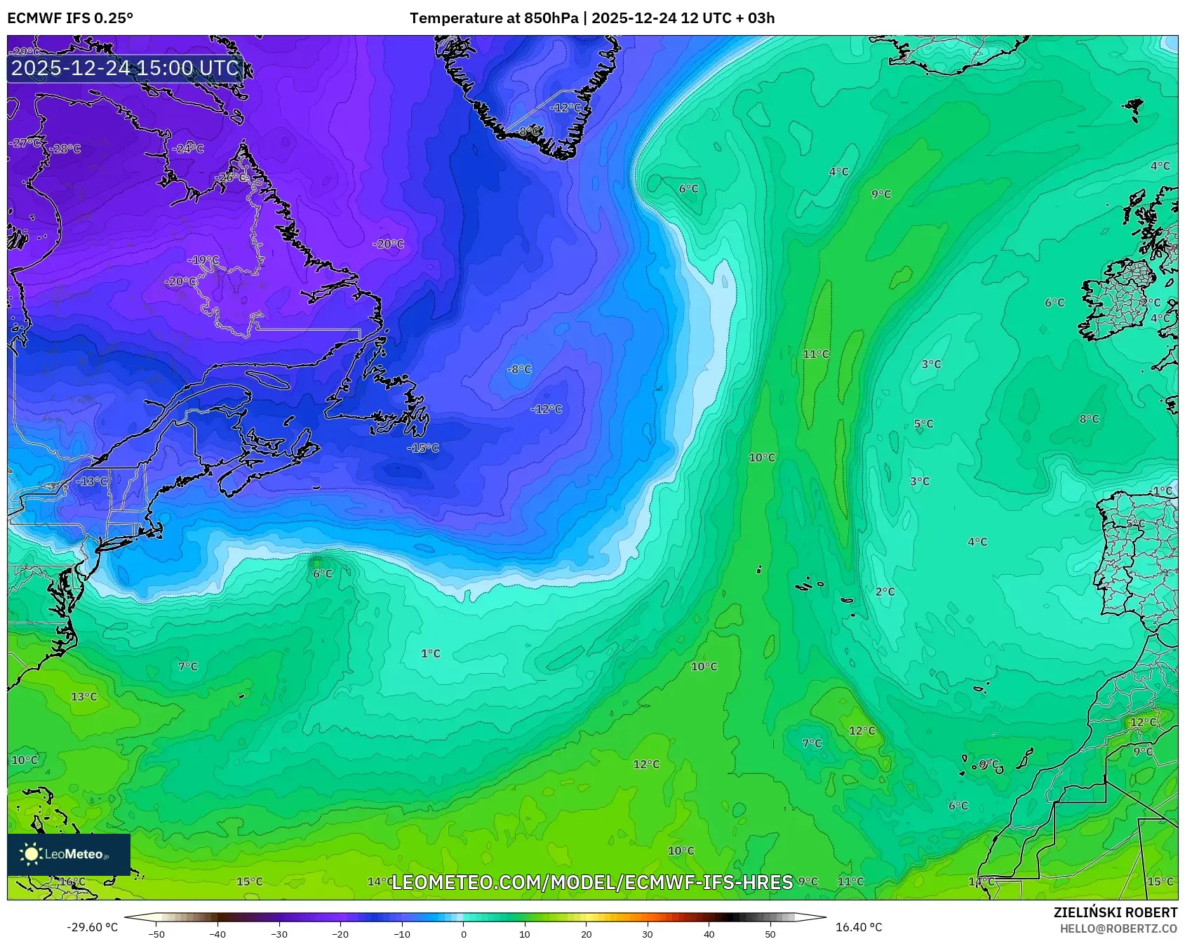 ECMWF IFS 0.25° model - North Atlantic, Temperature at 850hPa