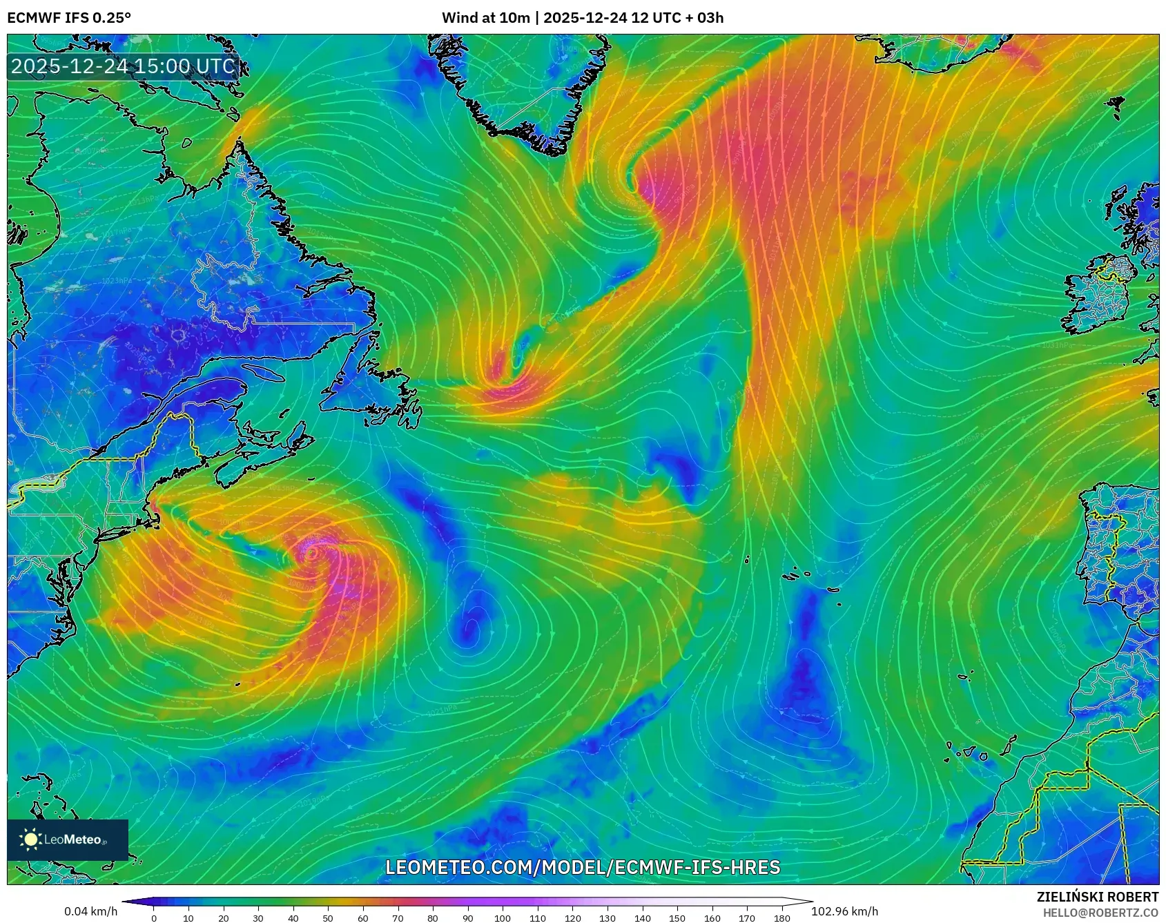 ECMWF IFS 0.25° model - North Atlantic, Wind at 10m