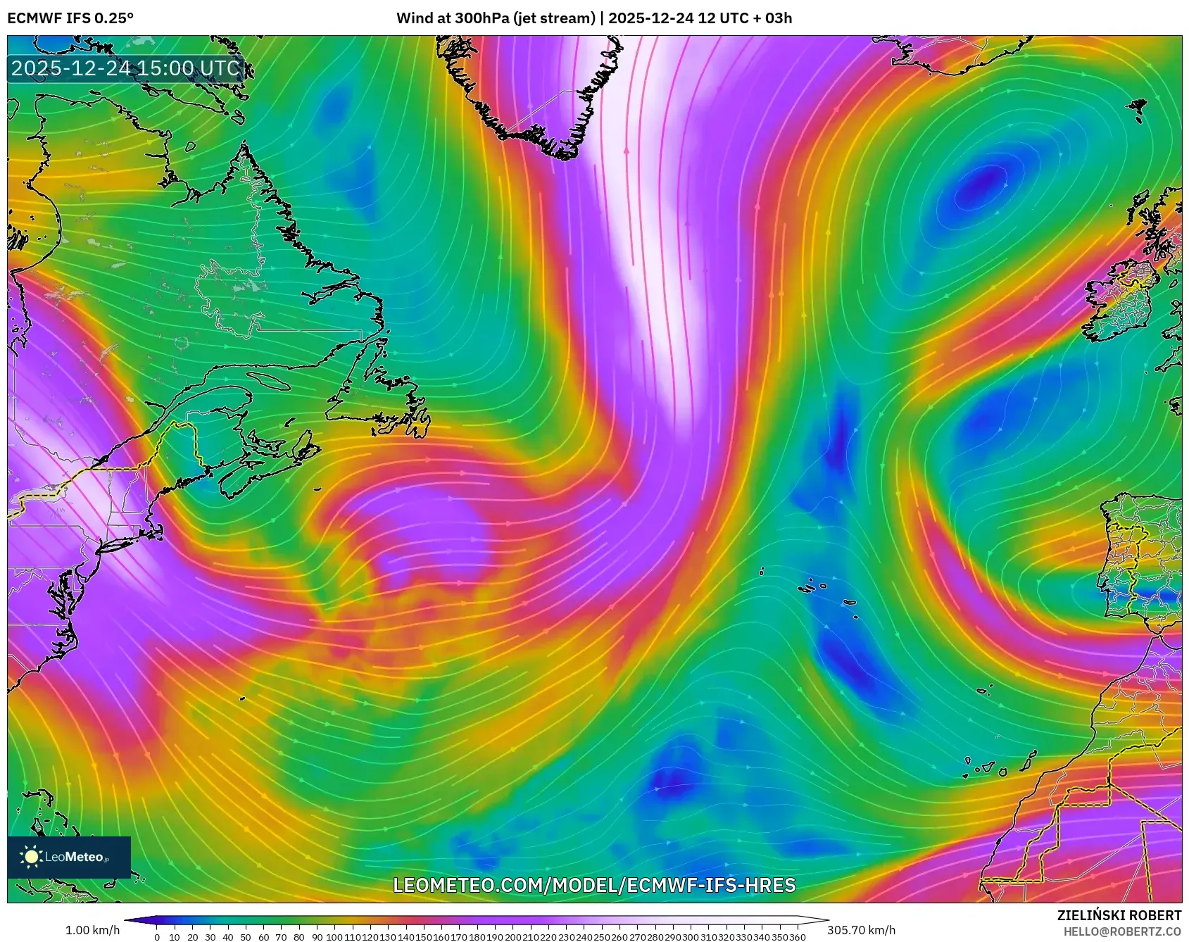 ECMWF IFS 0.25° model - North Atlantic, Wind at 300hPa (jet stream)