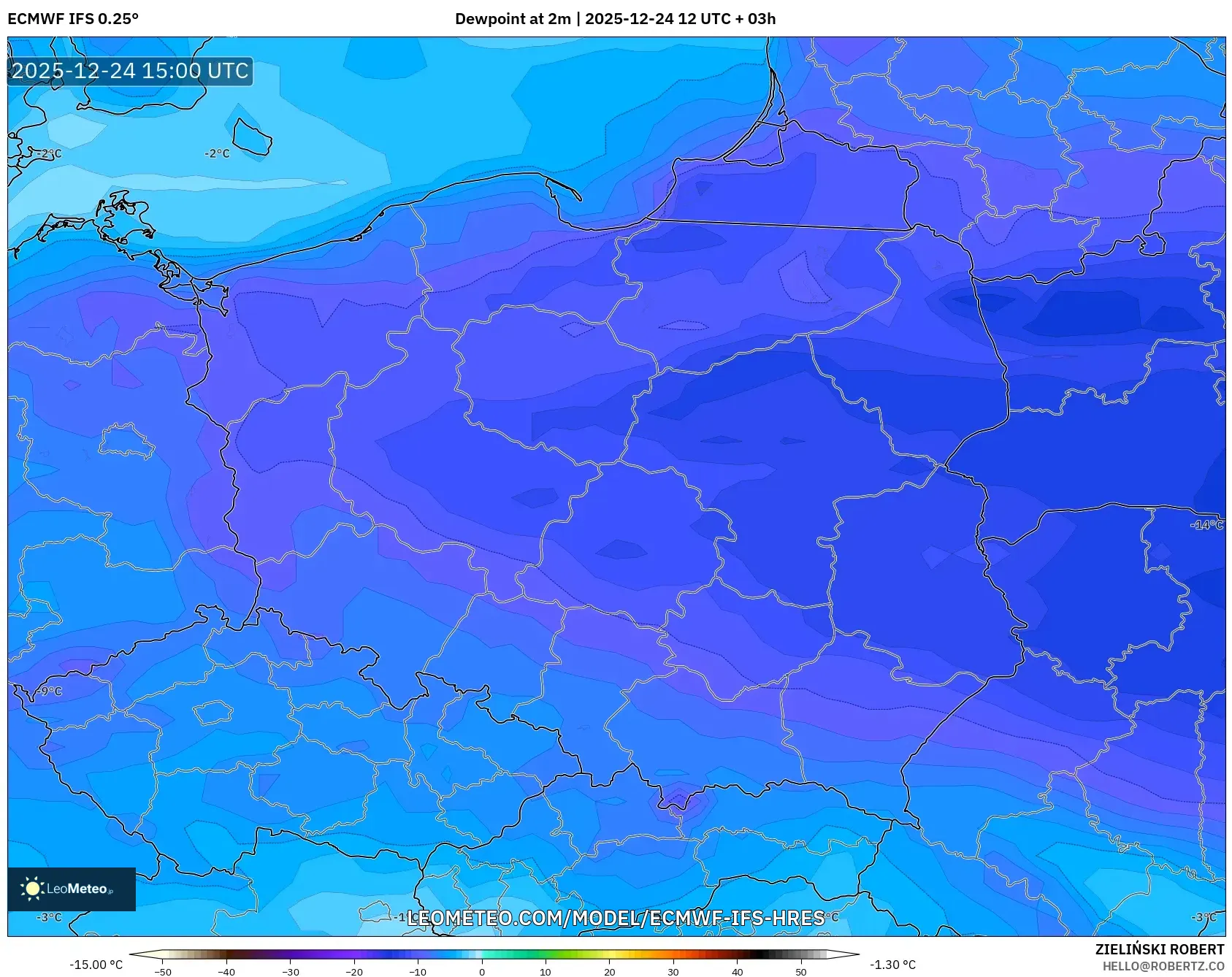 ECMWF IFS 0.25° model - Poland, Dewpoint at 2m