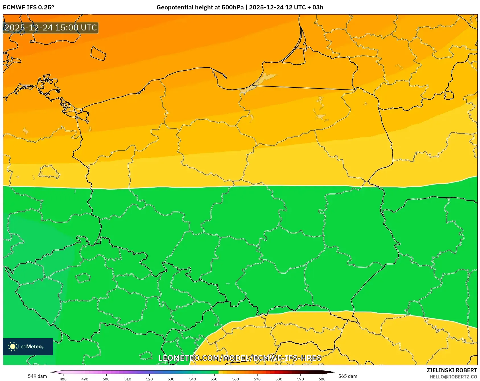 ECMWF IFS 0.25° model - Poland, Geopotential height at 500hPa