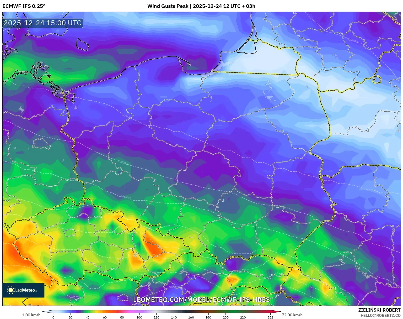 ECMWF IFS 0.25° model - Poland, Wind Gusts Peak