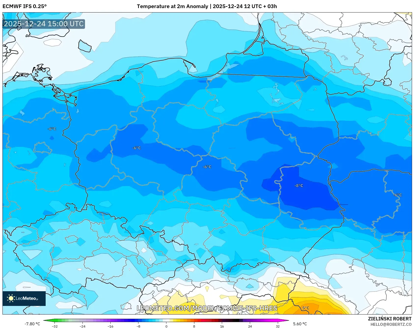 ECMWF IFS 0.25° model - Poland, Temperature at 2m Anomaly
