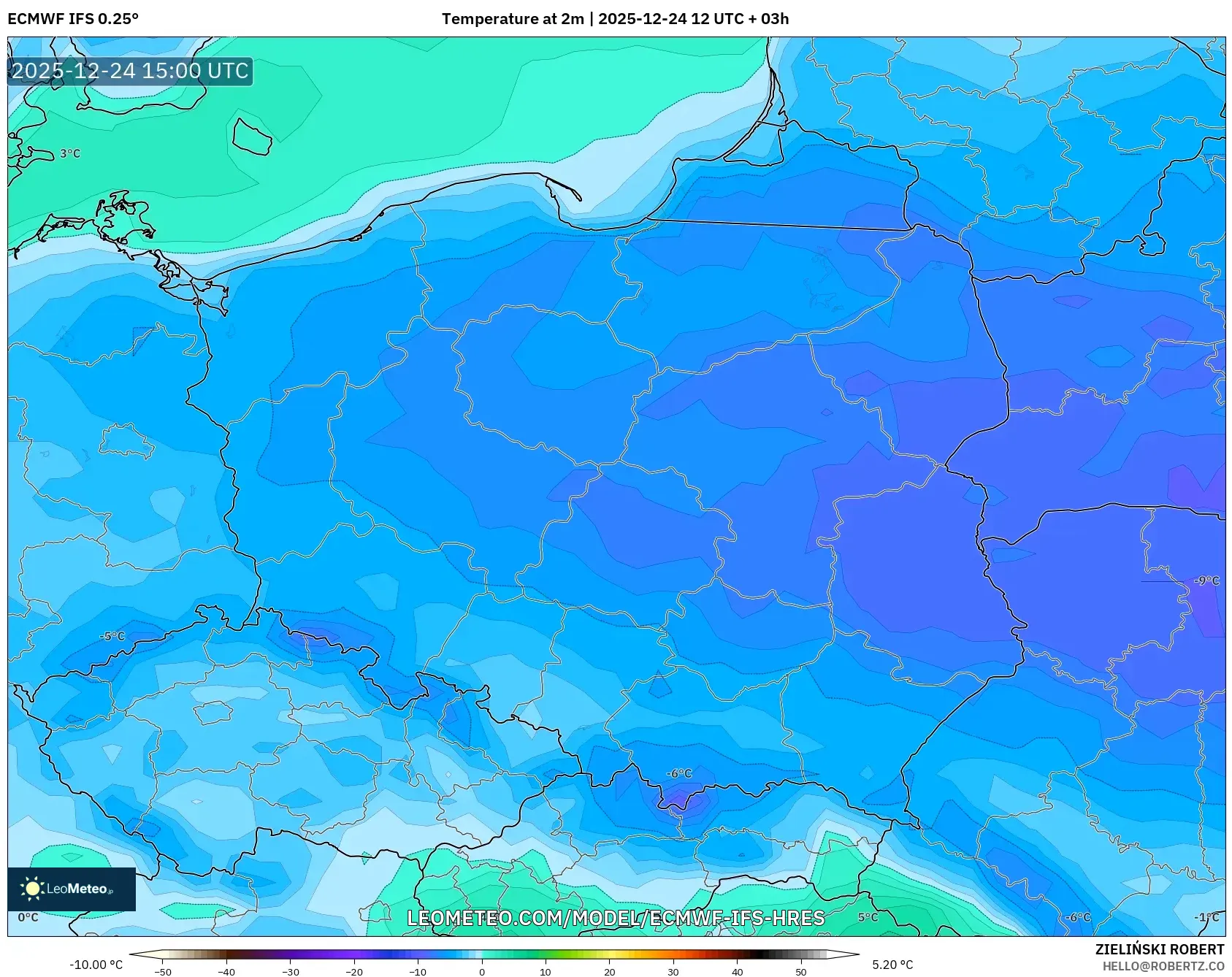 ECMWF IFS 0.25° model - Poland, Temperature at 2m