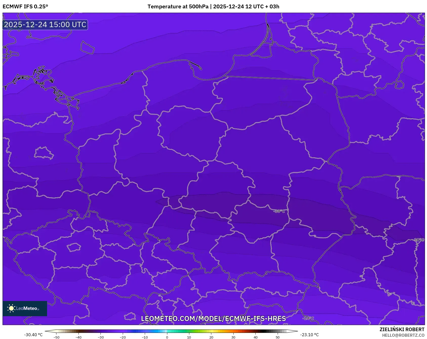ECMWF IFS 0.25° model - Poland, Temperature at 500hPa