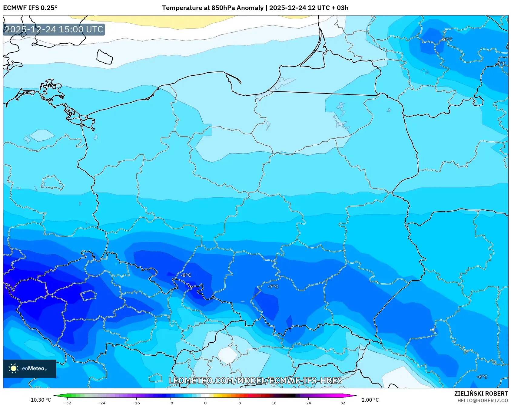 ECMWF IFS 0.25° model - Poland, Temperature at 850hPa Anomaly