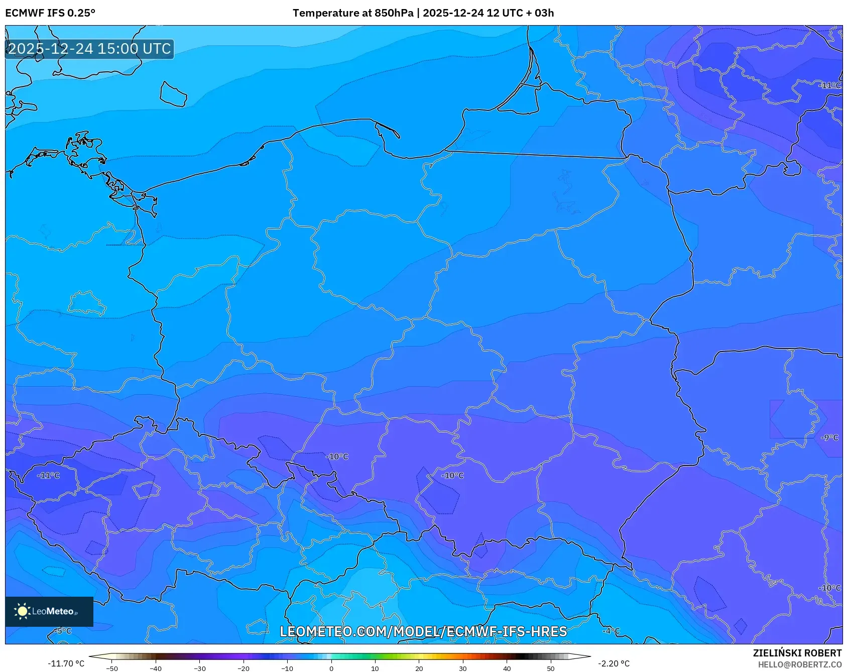 ECMWF IFS 0.25° model - Poland, Temperature at 850hPa