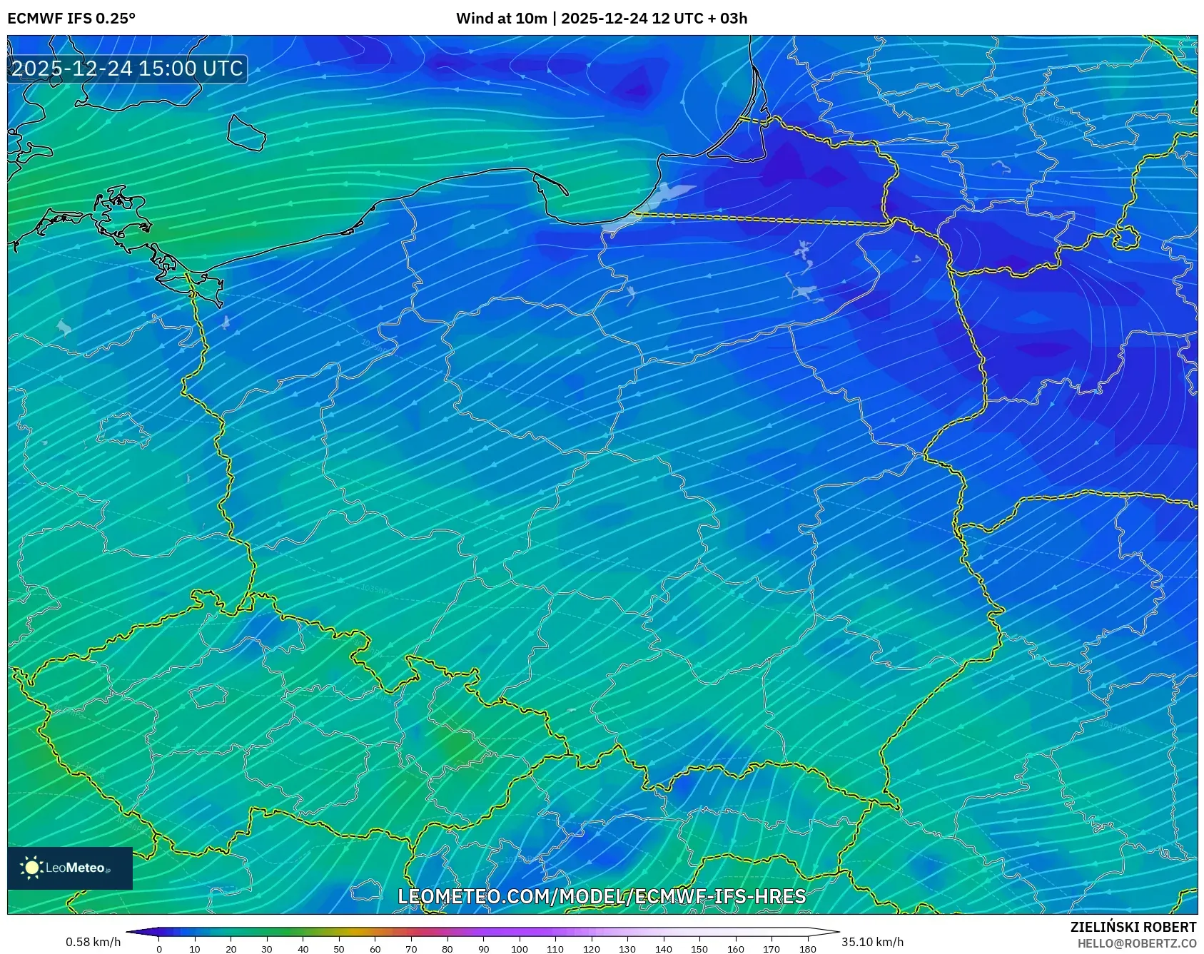 ECMWF IFS 0.25° model - Poland, Wind at 10m