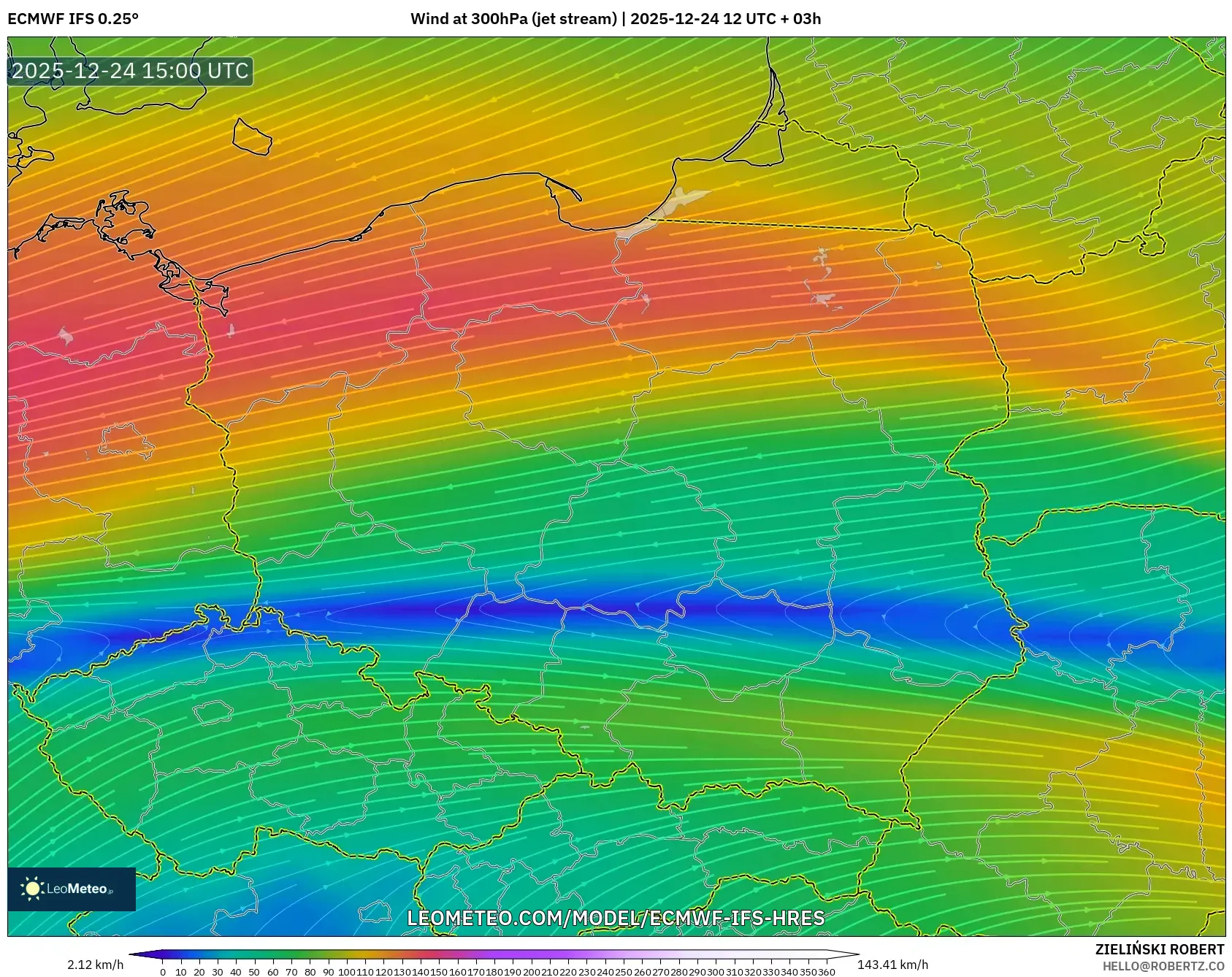 ECMWF IFS 0.25° model - Poland, Wind at 300hPa (jet stream)