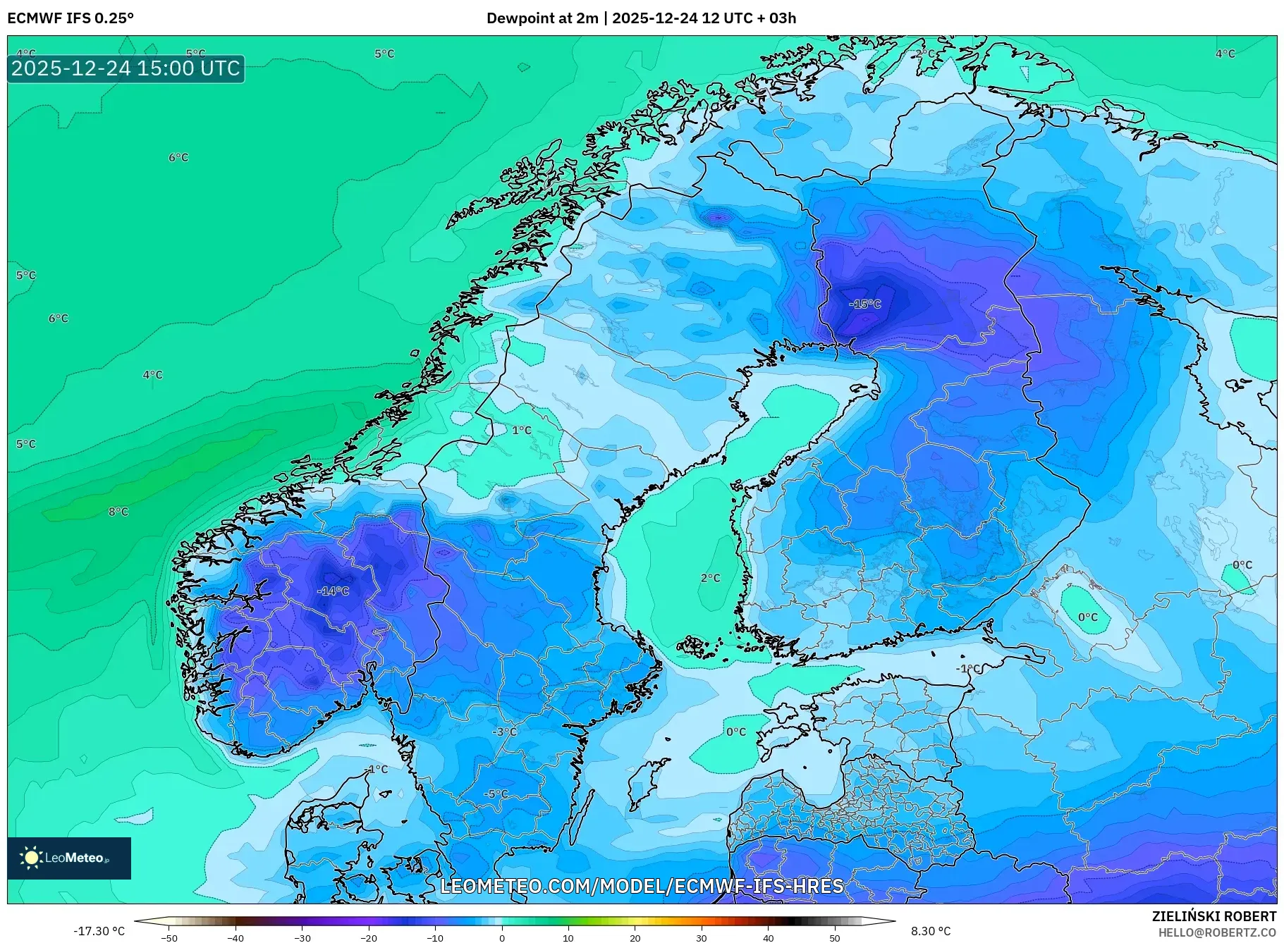 ECMWF IFS 0.25° model - Scandinavia, Dewpoint at 2m