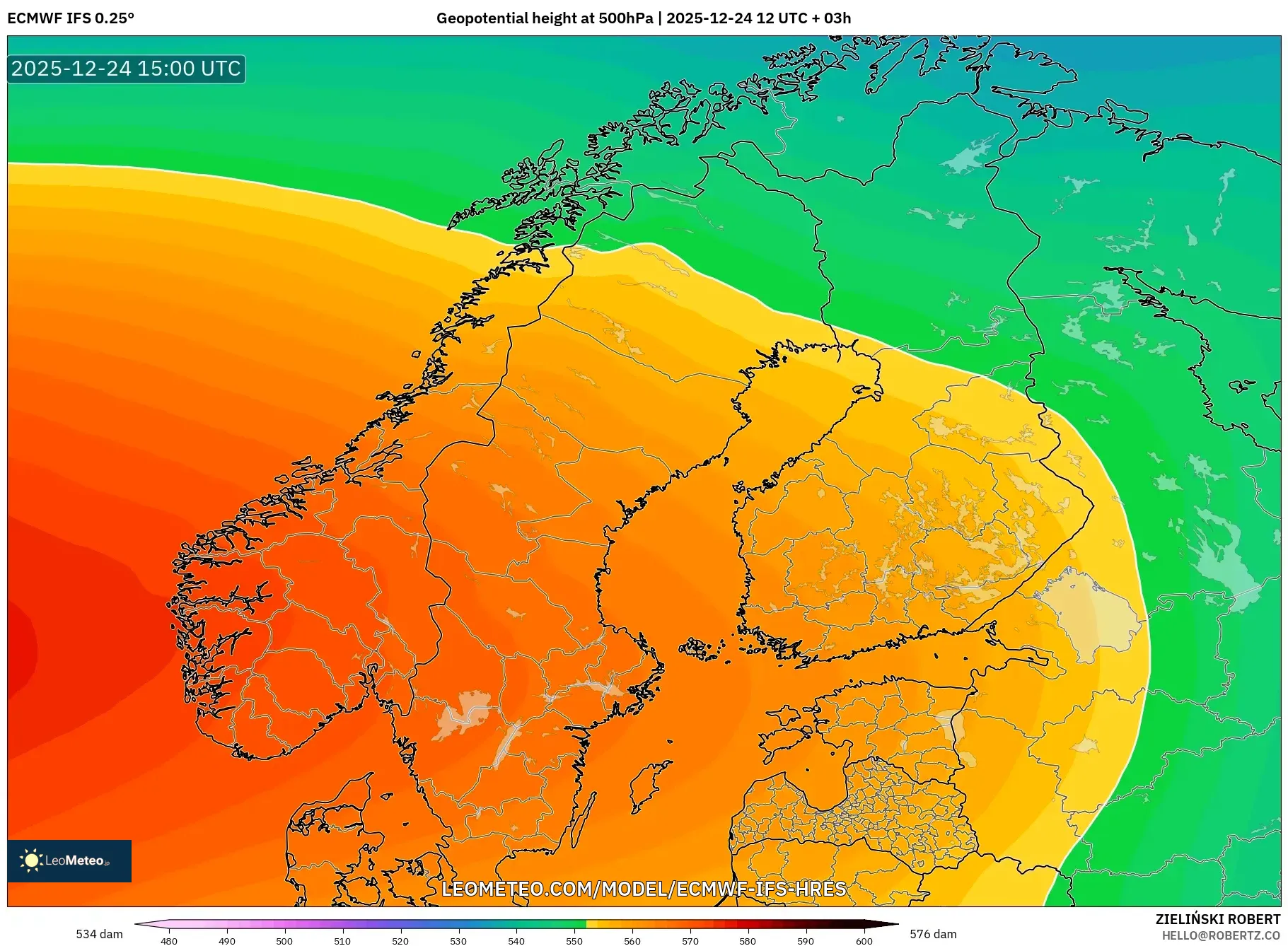 ECMWF IFS 0.25° model - Scandinavia, Geopotential height at 500hPa