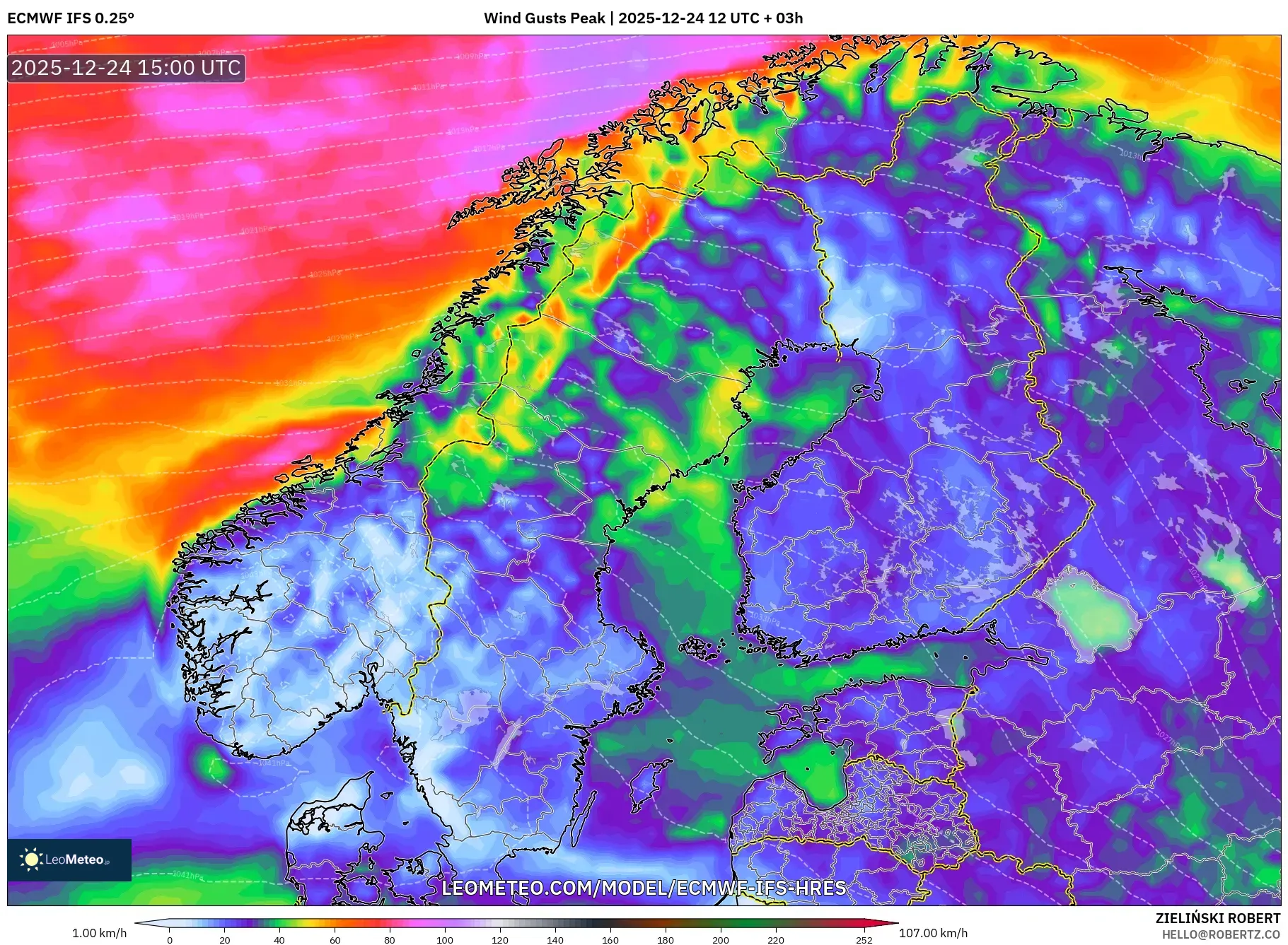 ECMWF IFS 0.25° model - Scandinavia, Wind Gusts Peak