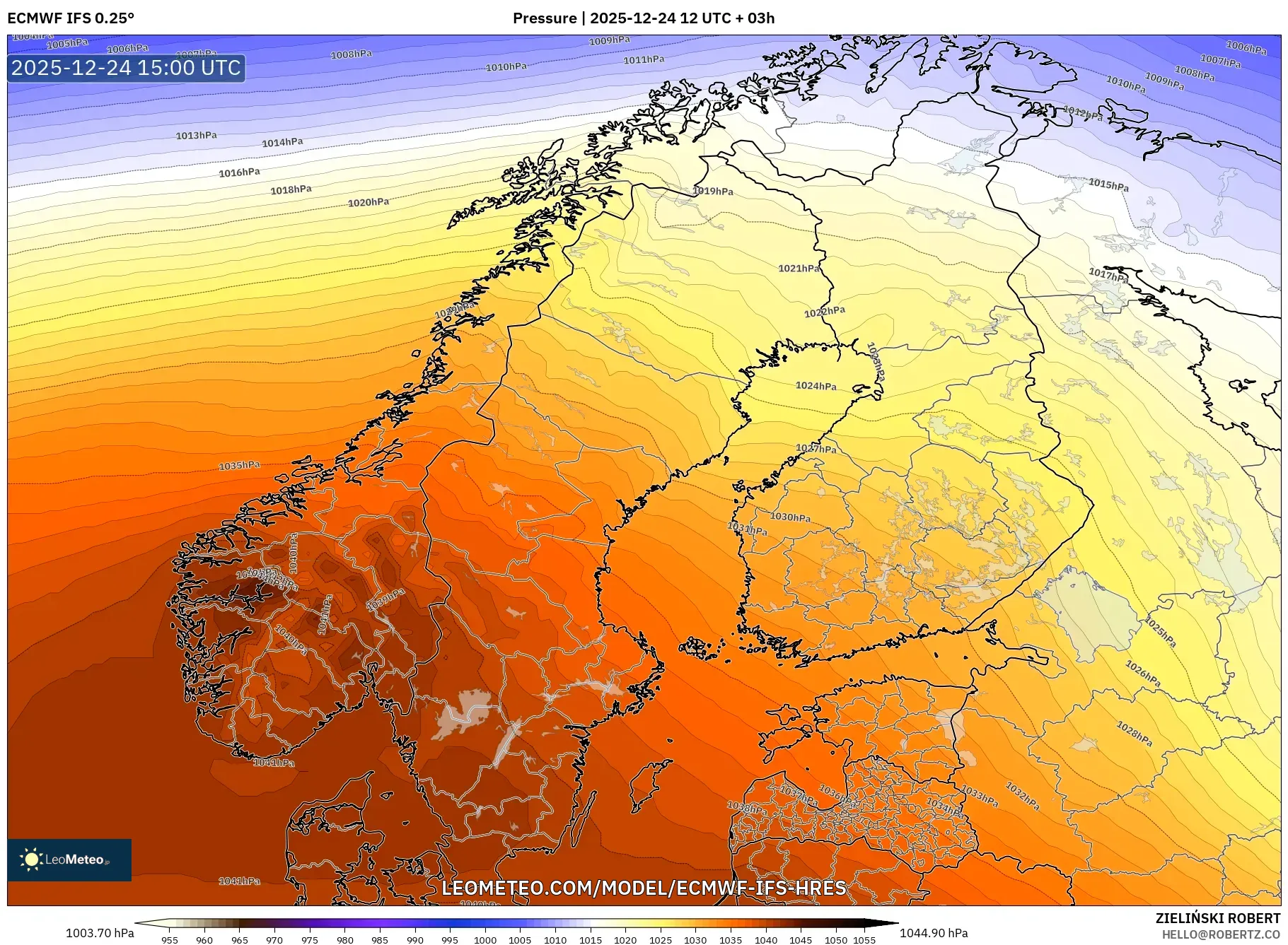 ECMWF IFS 0.25° model - Scandinavia, Pressure