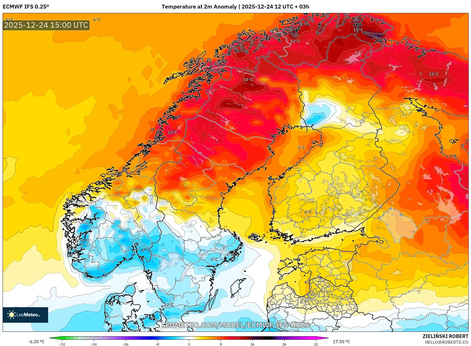 ECMWF IFS 0.25° model - Scandinavia, Temperature at 2m Anomaly