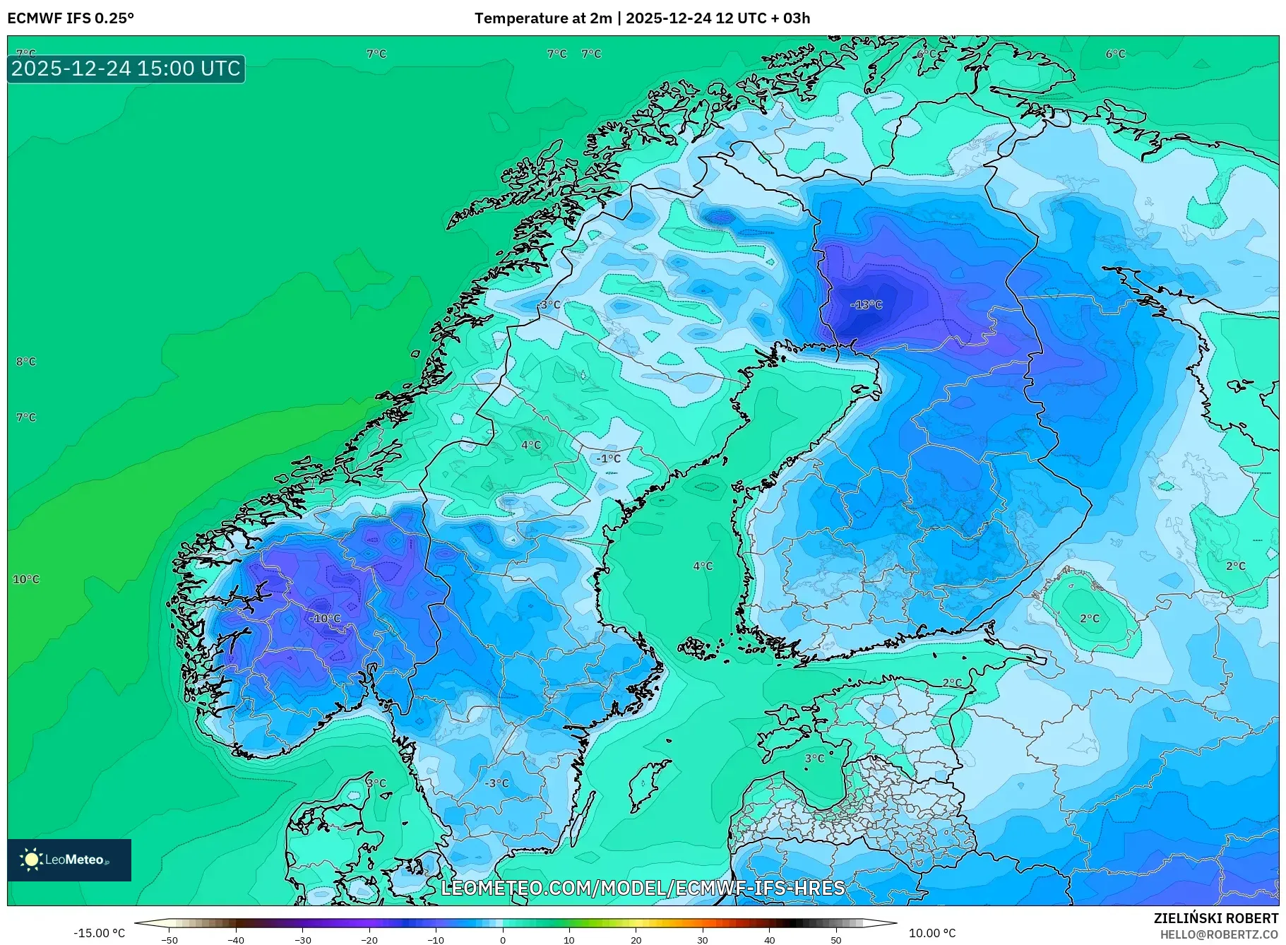 ECMWF IFS 0.25° model - Scandinavia, Temperature at 2m