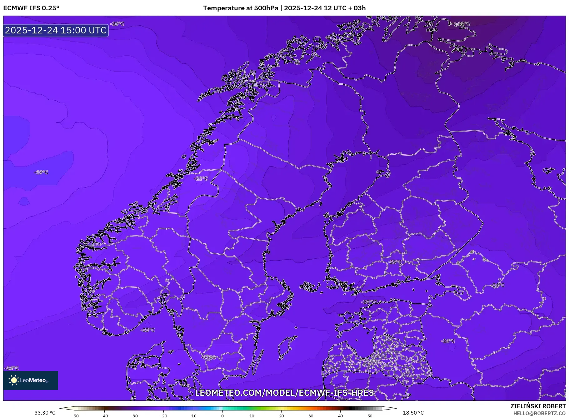 ECMWF IFS 0.25° model - Scandinavia, Temperature at 500hPa