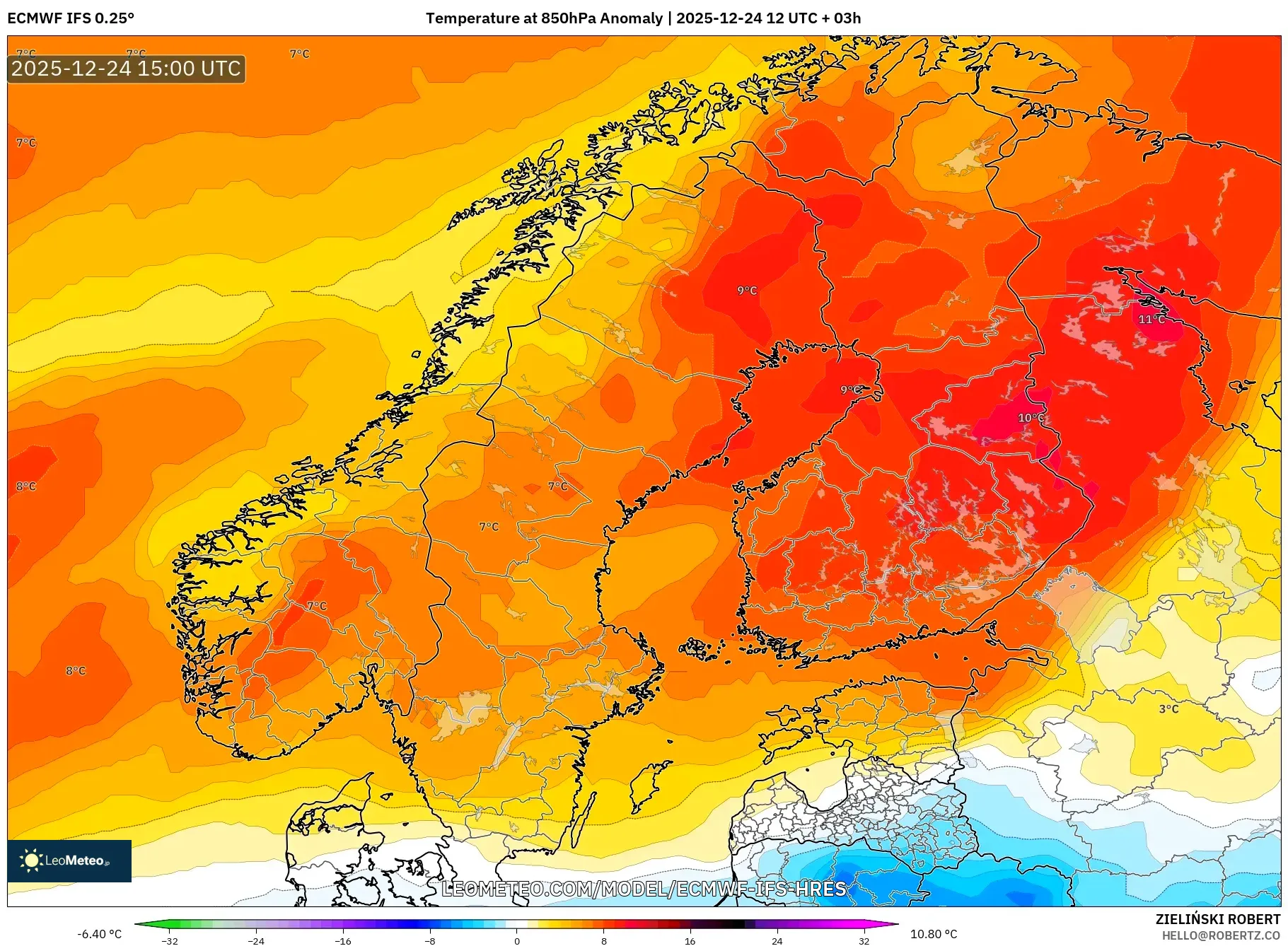 ECMWF IFS 0.25° model - Scandinavia, Temperature at 850hPa Anomaly