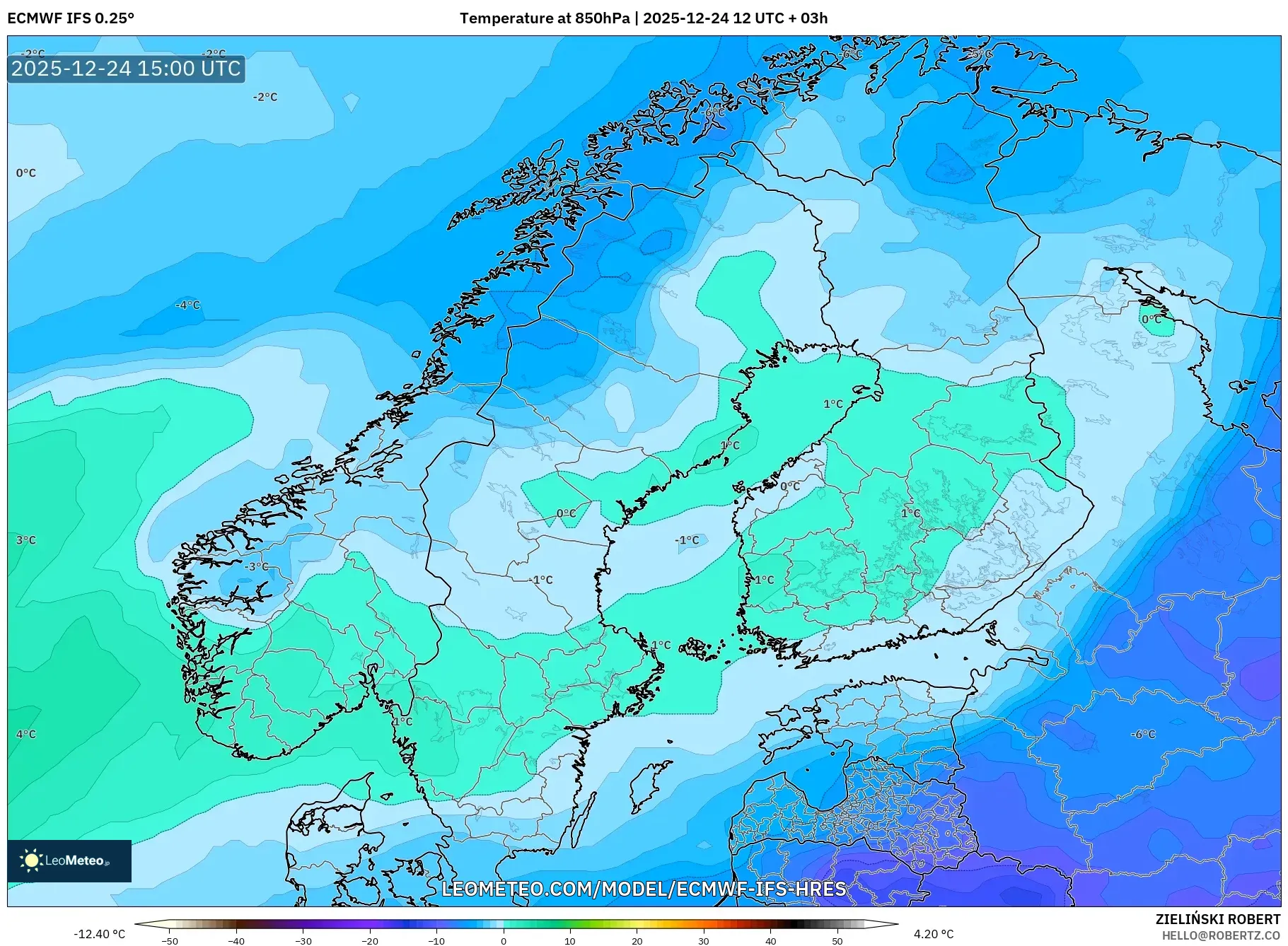 ECMWF IFS 0.25° model - Scandinavia, Temperature at 850hPa
