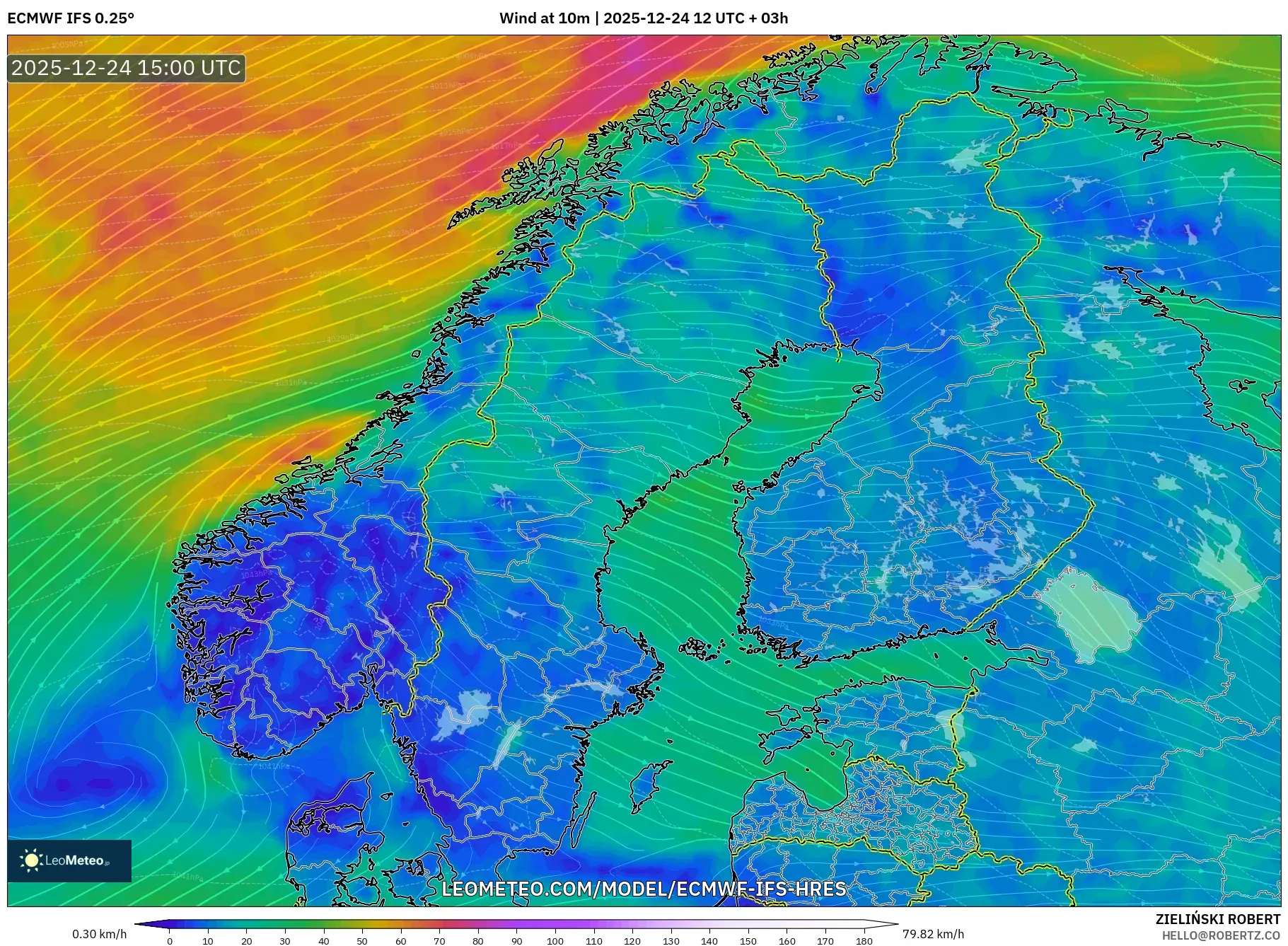 ECMWF IFS 0.25° model - Scandinavia, Wind at 10m