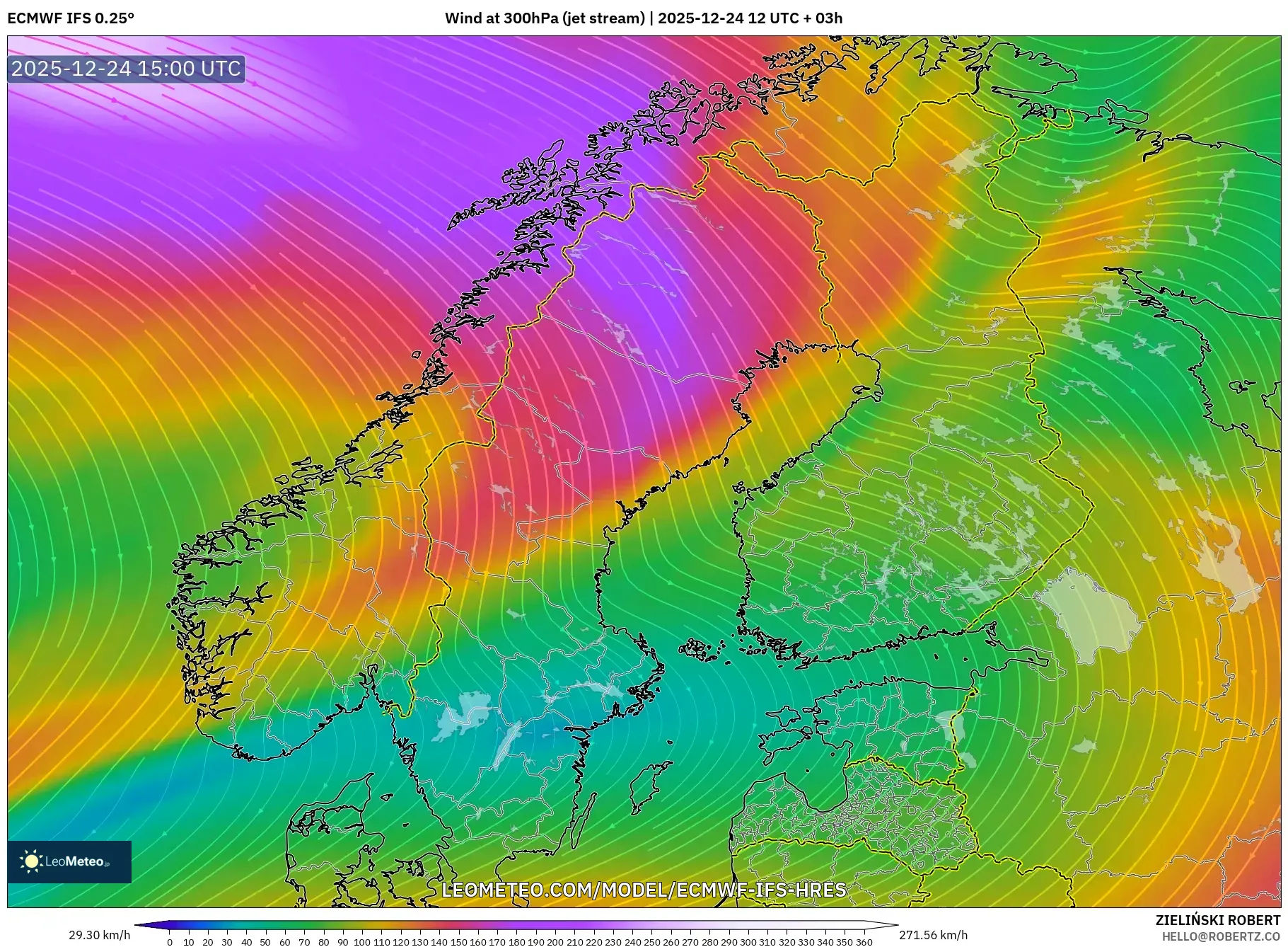 ECMWF IFS 0.25° model - Scandinavia, Wind at 300hPa (jet stream)