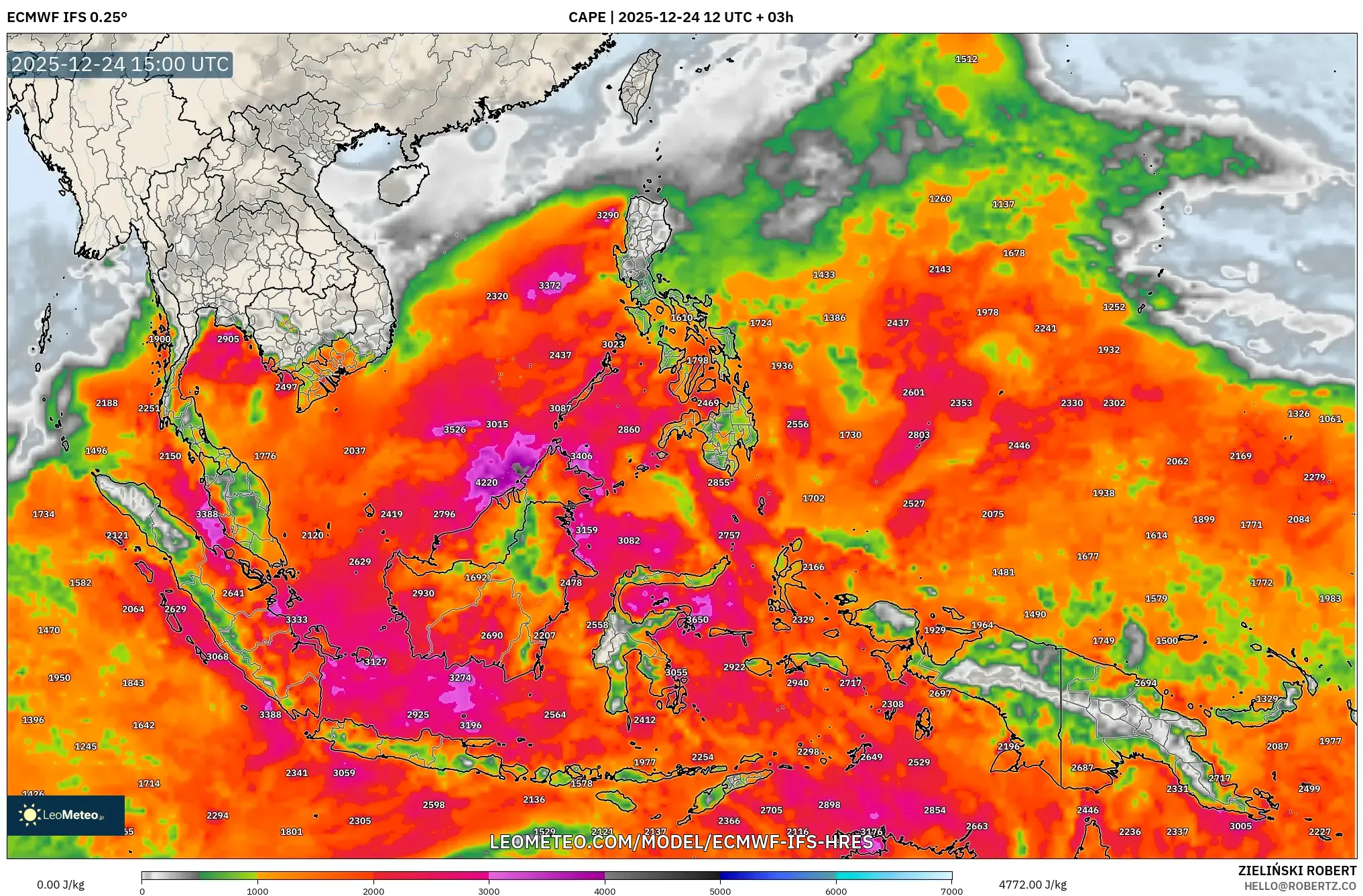 ECMWF IFS 0.25° model - South East Asia, CAPE