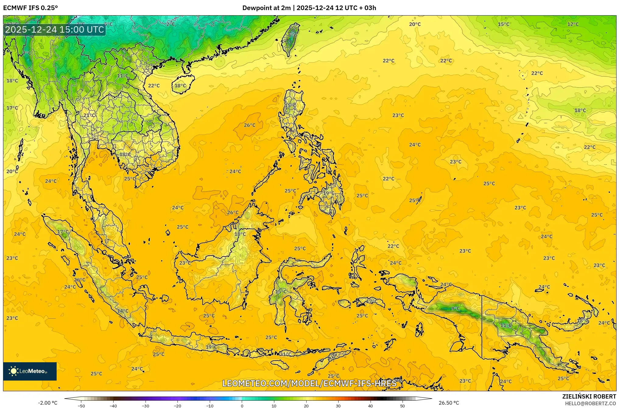 ECMWF IFS 0.25° model - South East Asia, Dewpoint at 2m