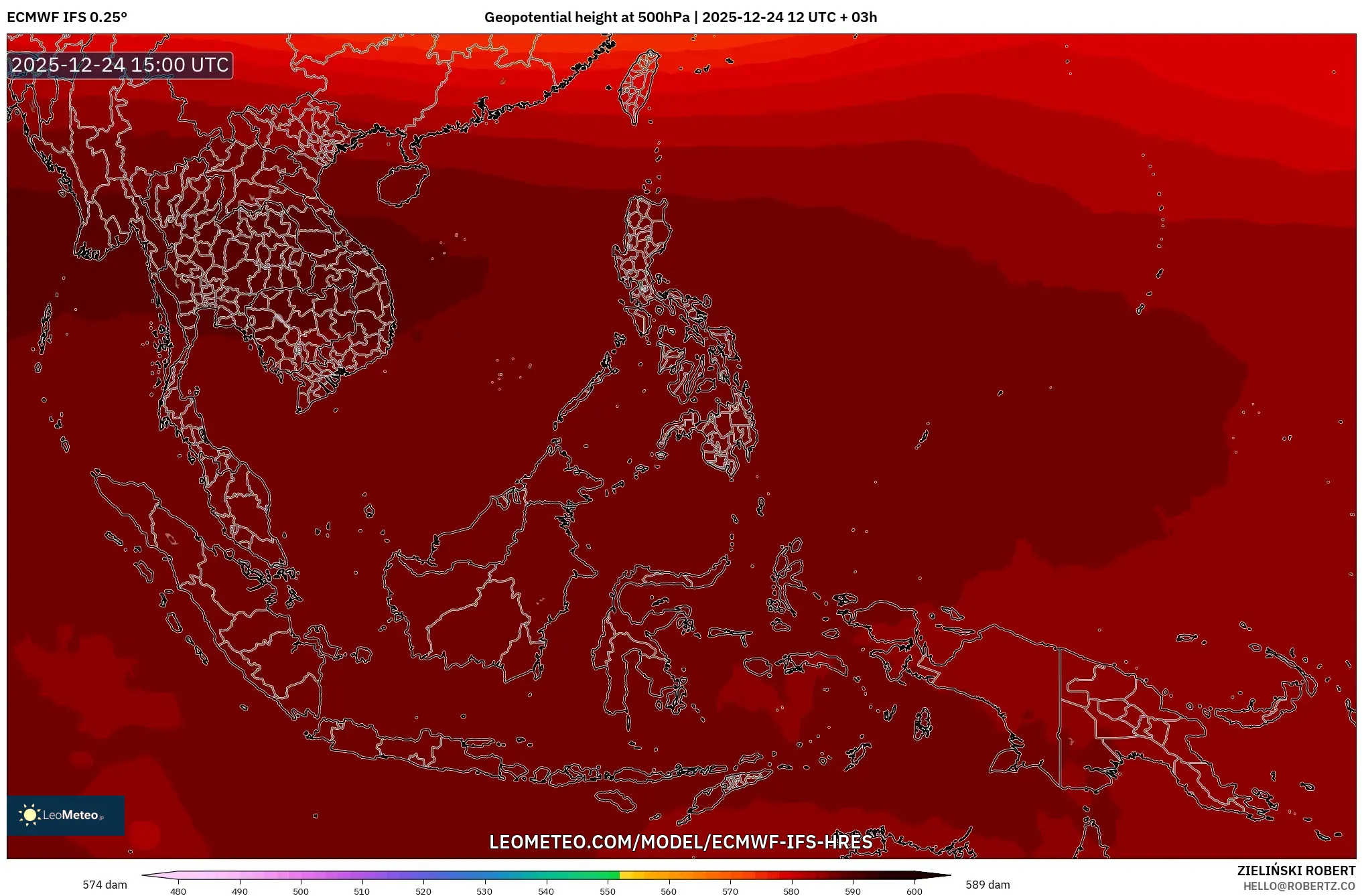 ECMWF IFS 0.25° model - South East Asia, Geopotential height at 500hPa