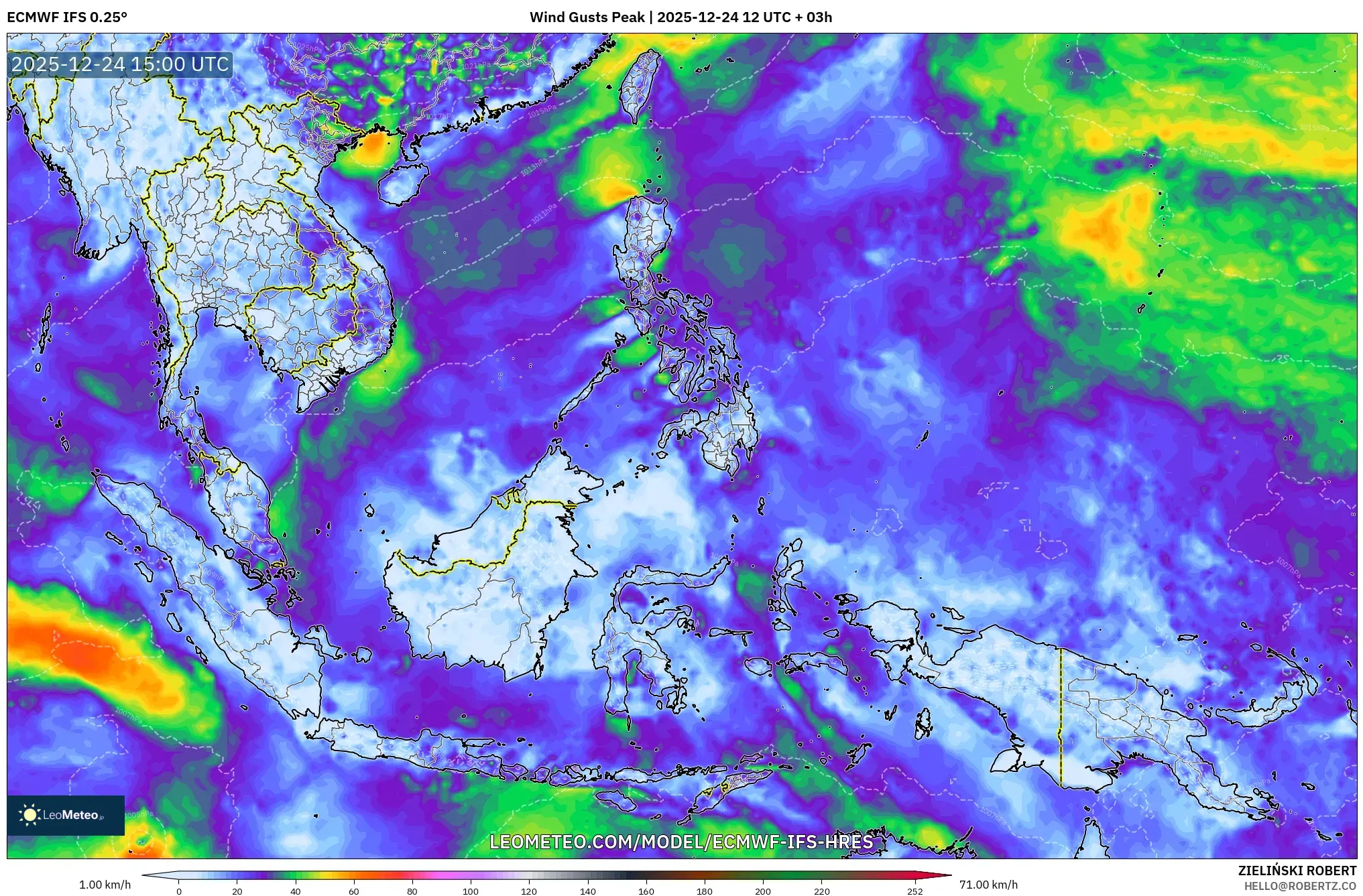 ECMWF IFS 0.25° model - South East Asia, Wind Gusts Peak