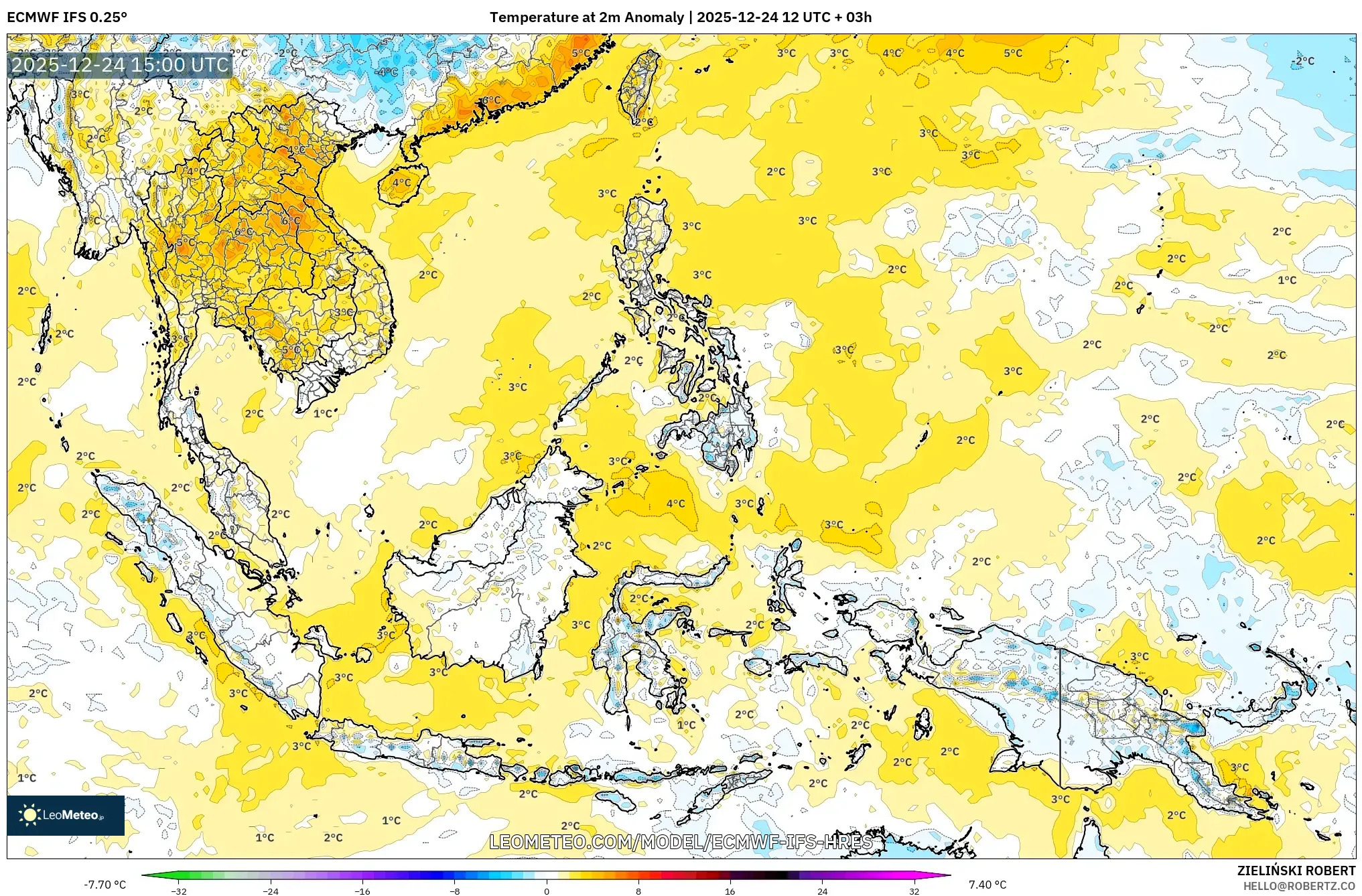 ECMWF IFS 0.25° model - South East Asia, Temperature at 2m Anomaly