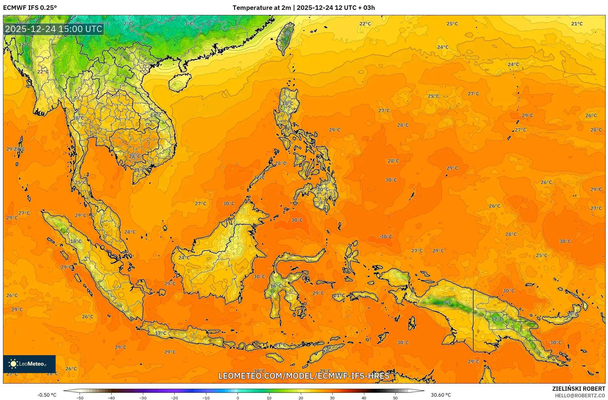ECMWF IFS 0.25° model - South East Asia, Temperature at 2m