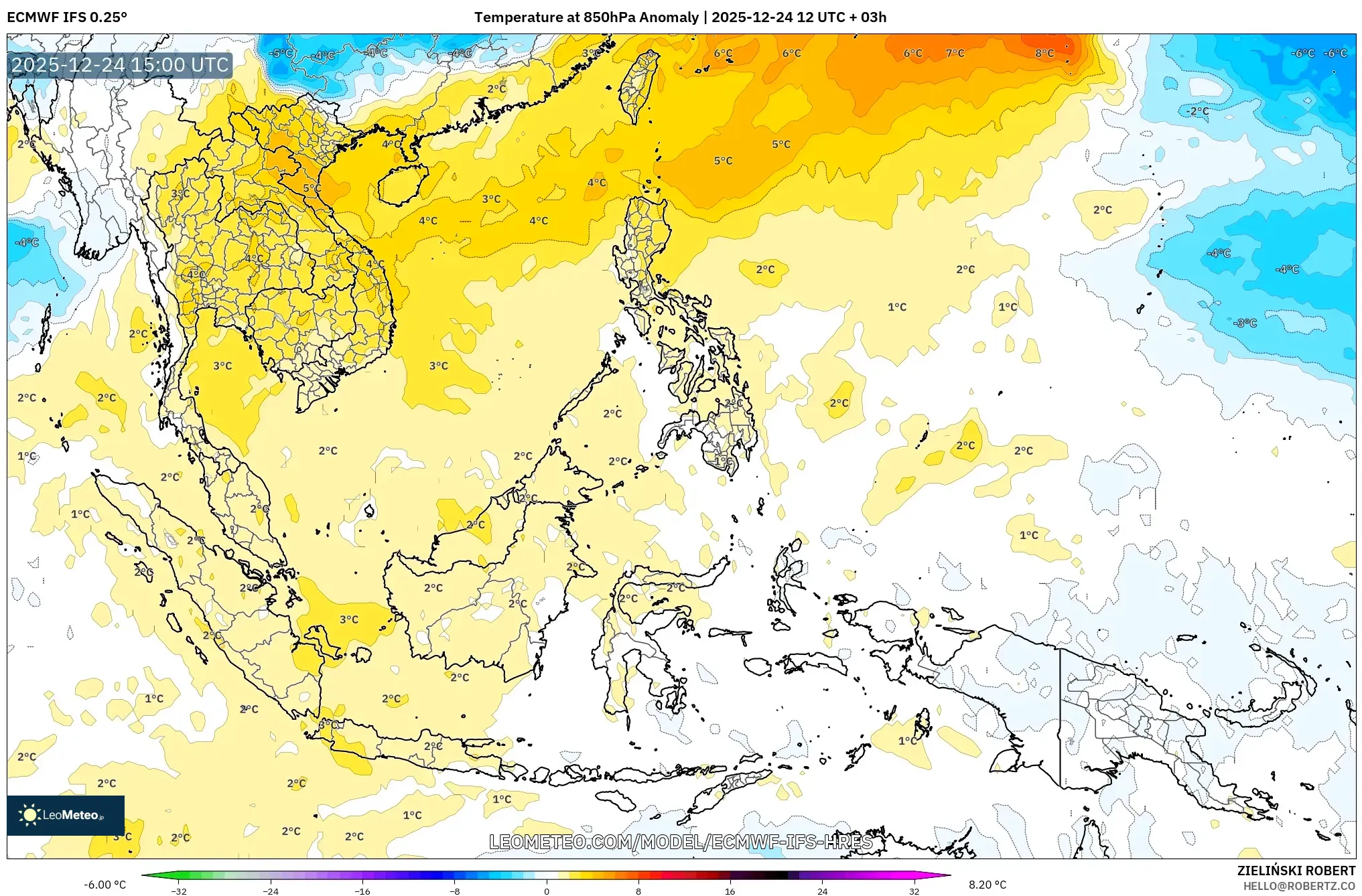 ECMWF IFS 0.25° model - South East Asia, Temperature at 850hPa Anomaly