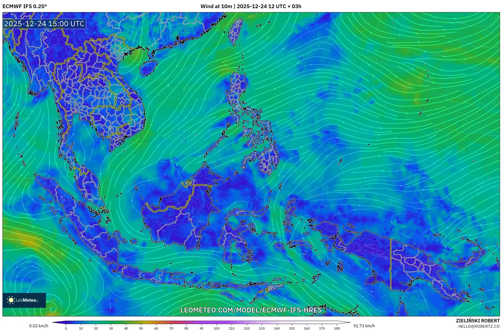 ECMWF IFS 0.25° model - South East Asia, Wind at 10m
