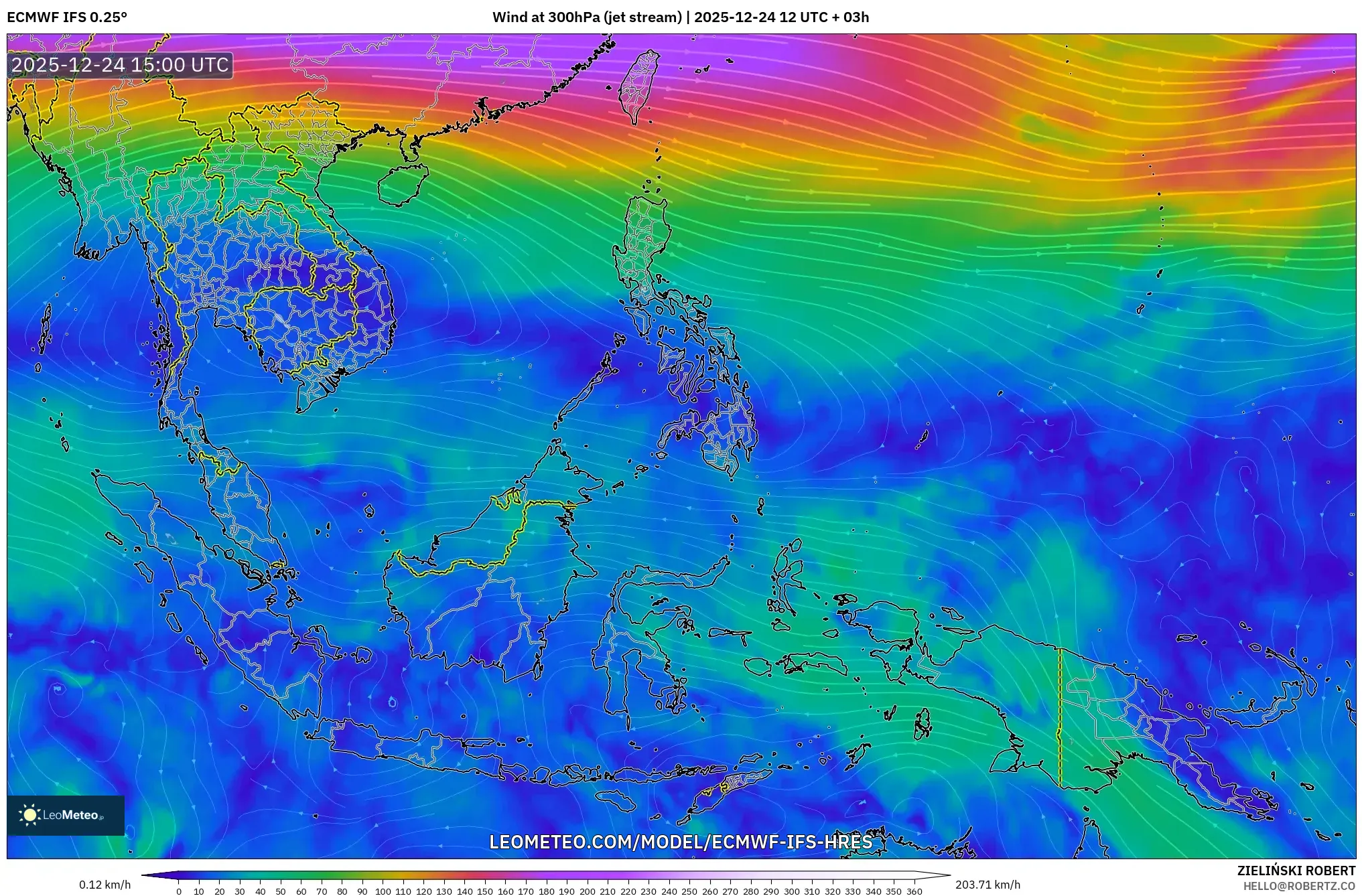 ECMWF IFS 0.25° model - South East Asia, Wind at 300hPa (jet stream)