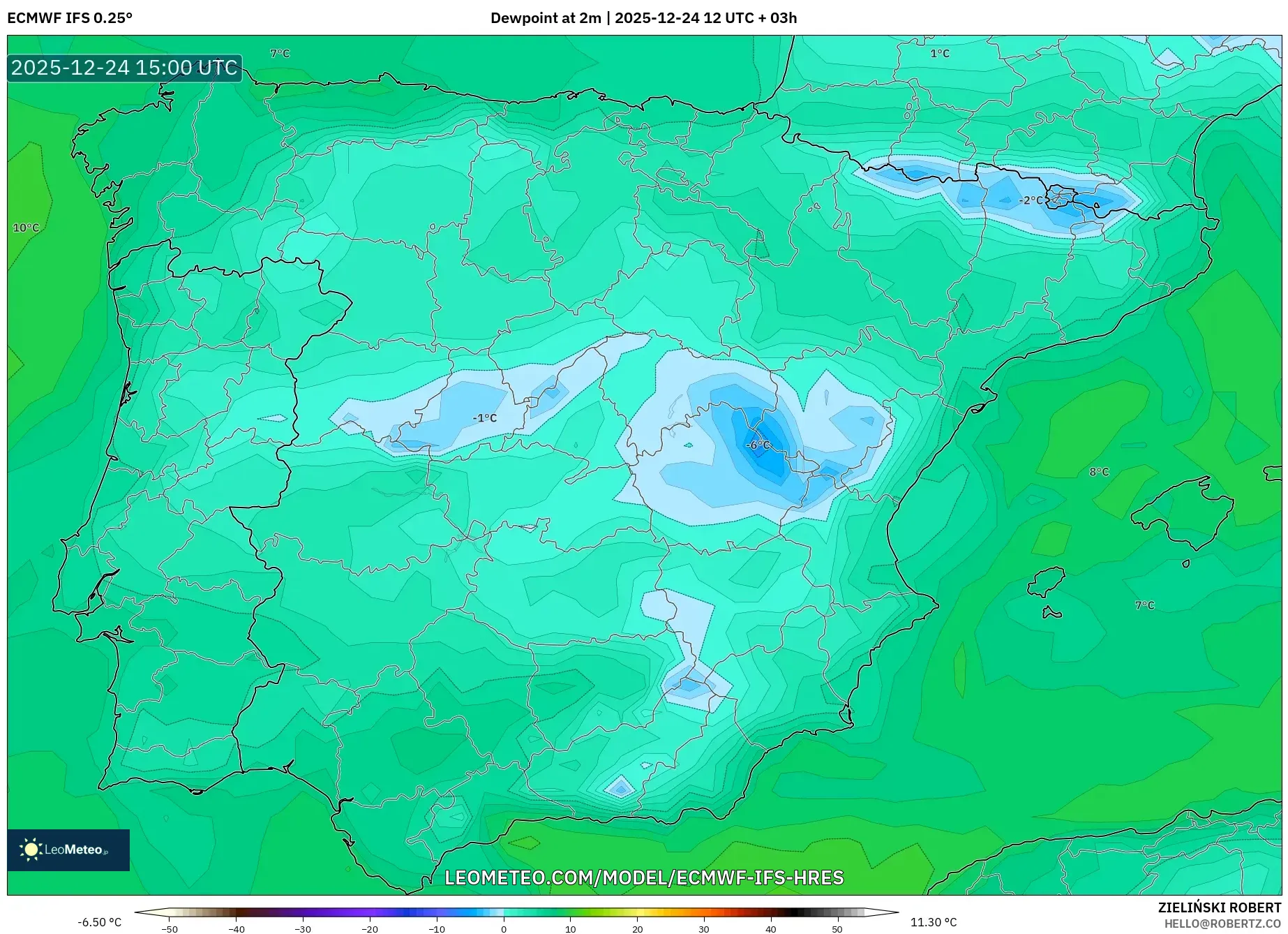 ECMWF IFS 0.25° model - Spain, Dewpoint at 2m