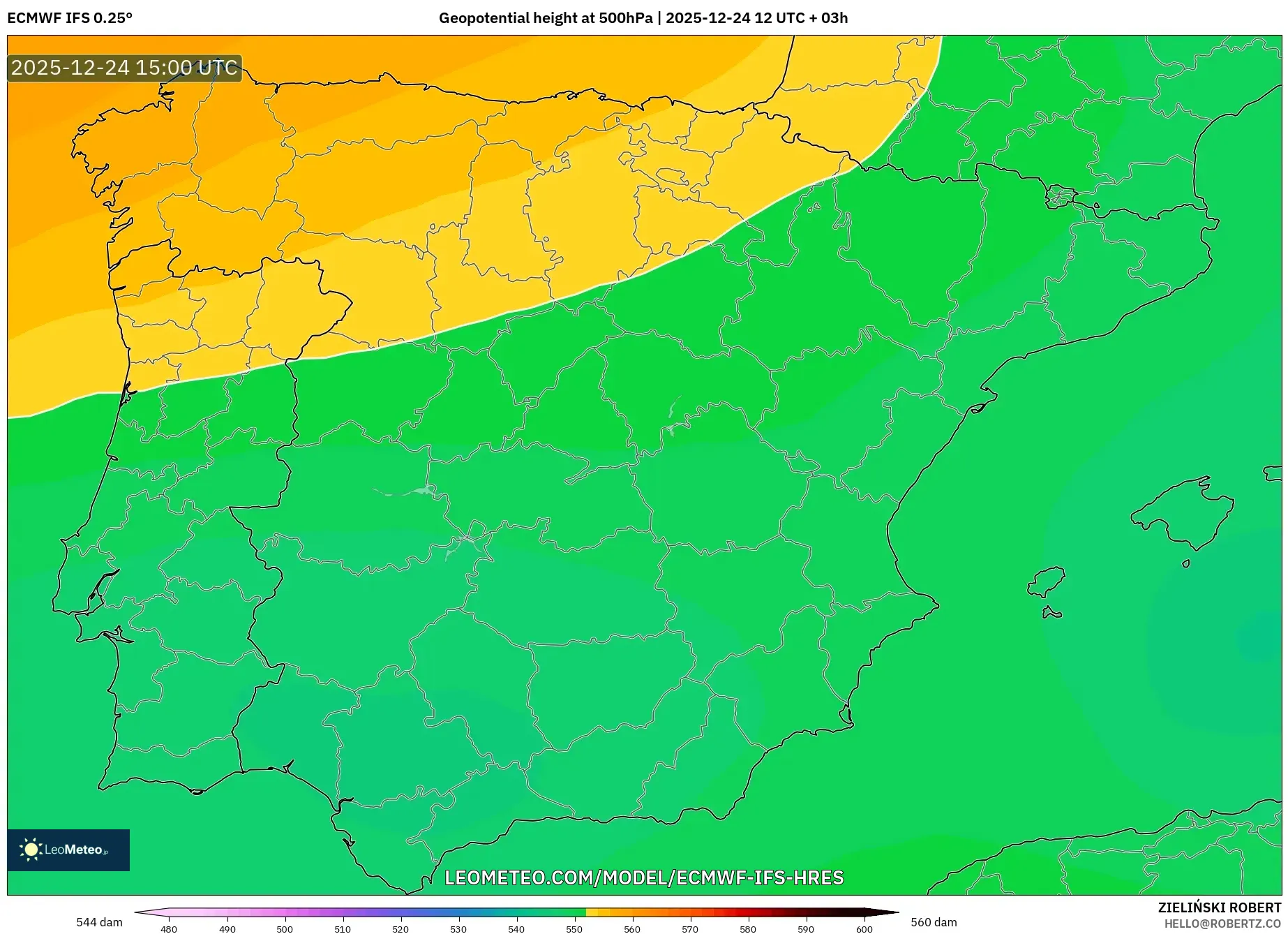 ECMWF IFS 0.25° model - Spain, Geopotential height at 500hPa