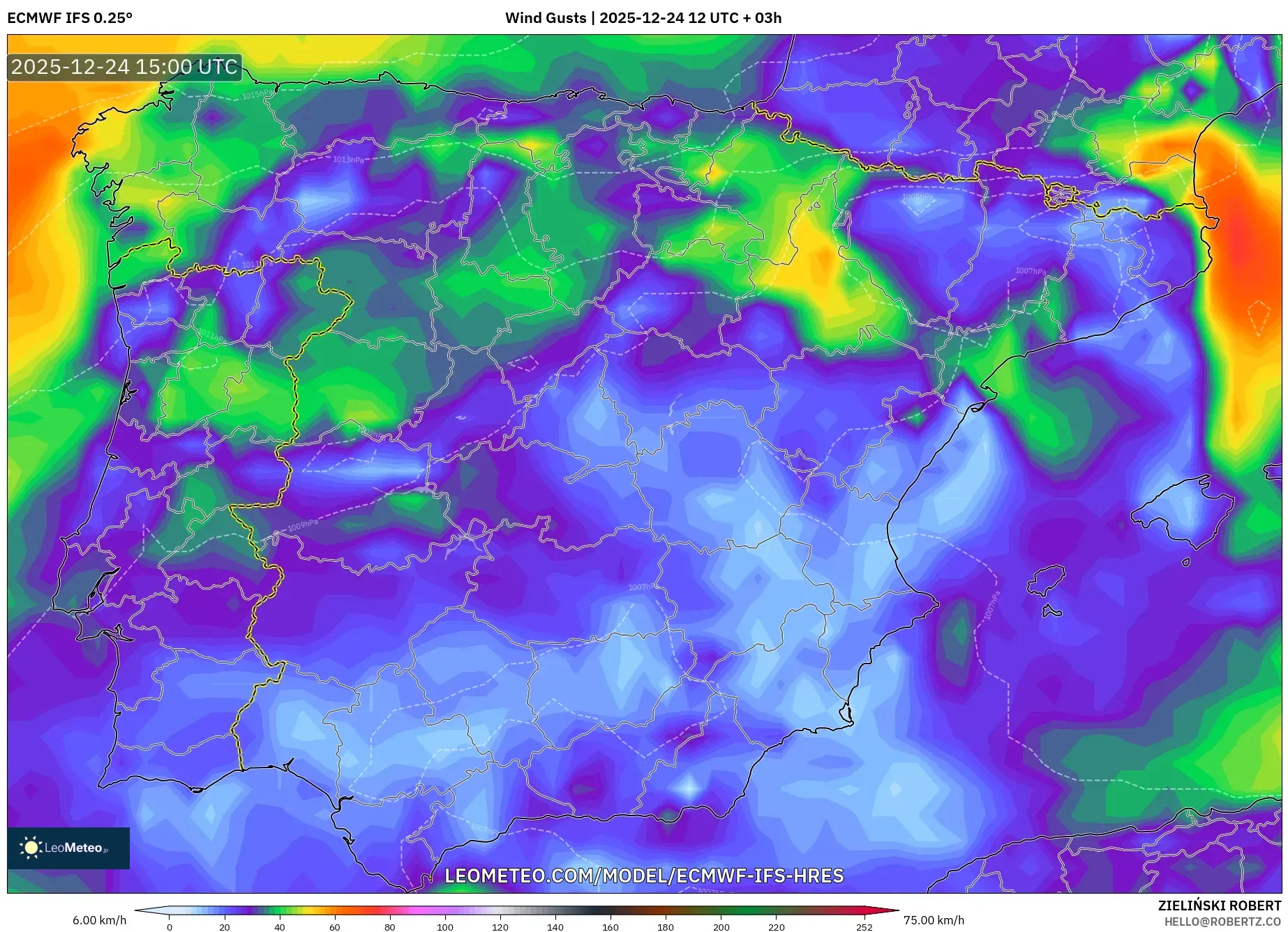 ECMWF IFS 0.25° model - Spain, Wind Gusts