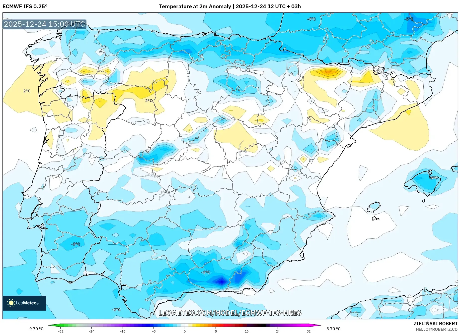 ECMWF IFS 0.25° model - Spain, Temperature at 2m Anomaly