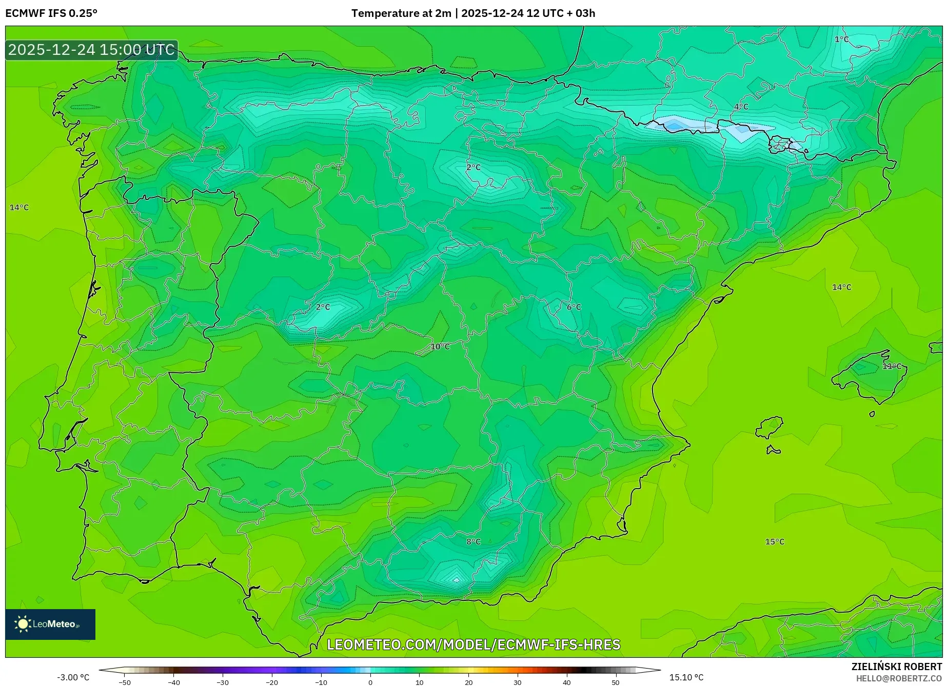 ECMWF IFS 0.25° model - Spain, Temperature at 2m