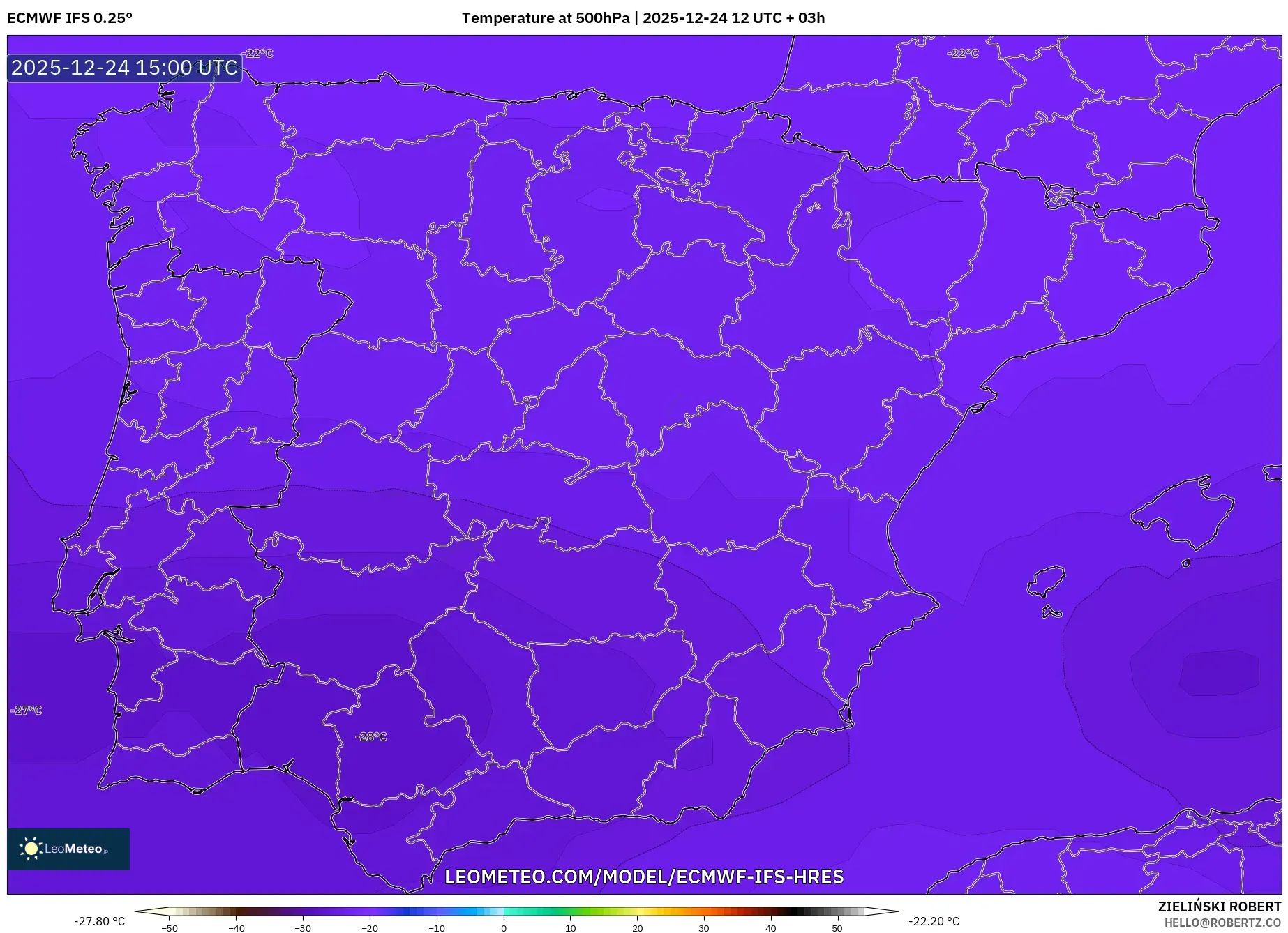 ECMWF IFS 0.25° model - Spain, Temperature at 500hPa