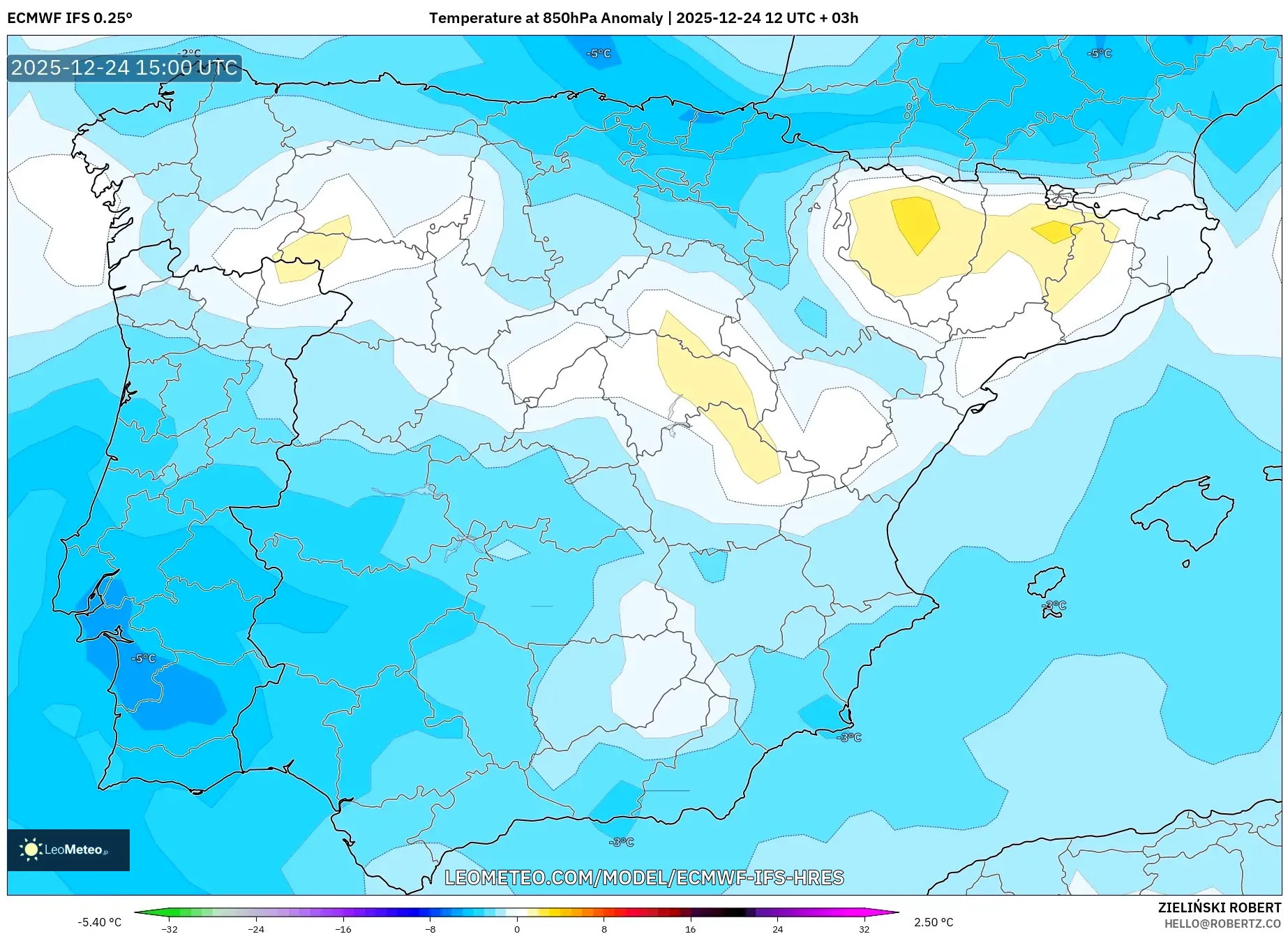 ECMWF IFS 0.25° model - Spain, Temperature at 850hPa Anomaly