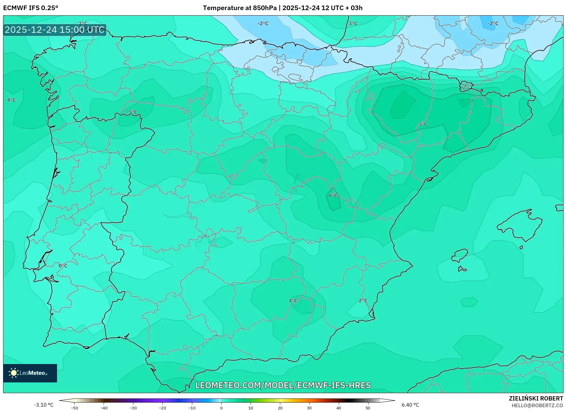 ECMWF IFS 0.25° model - Spain, Temperature at 850hPa