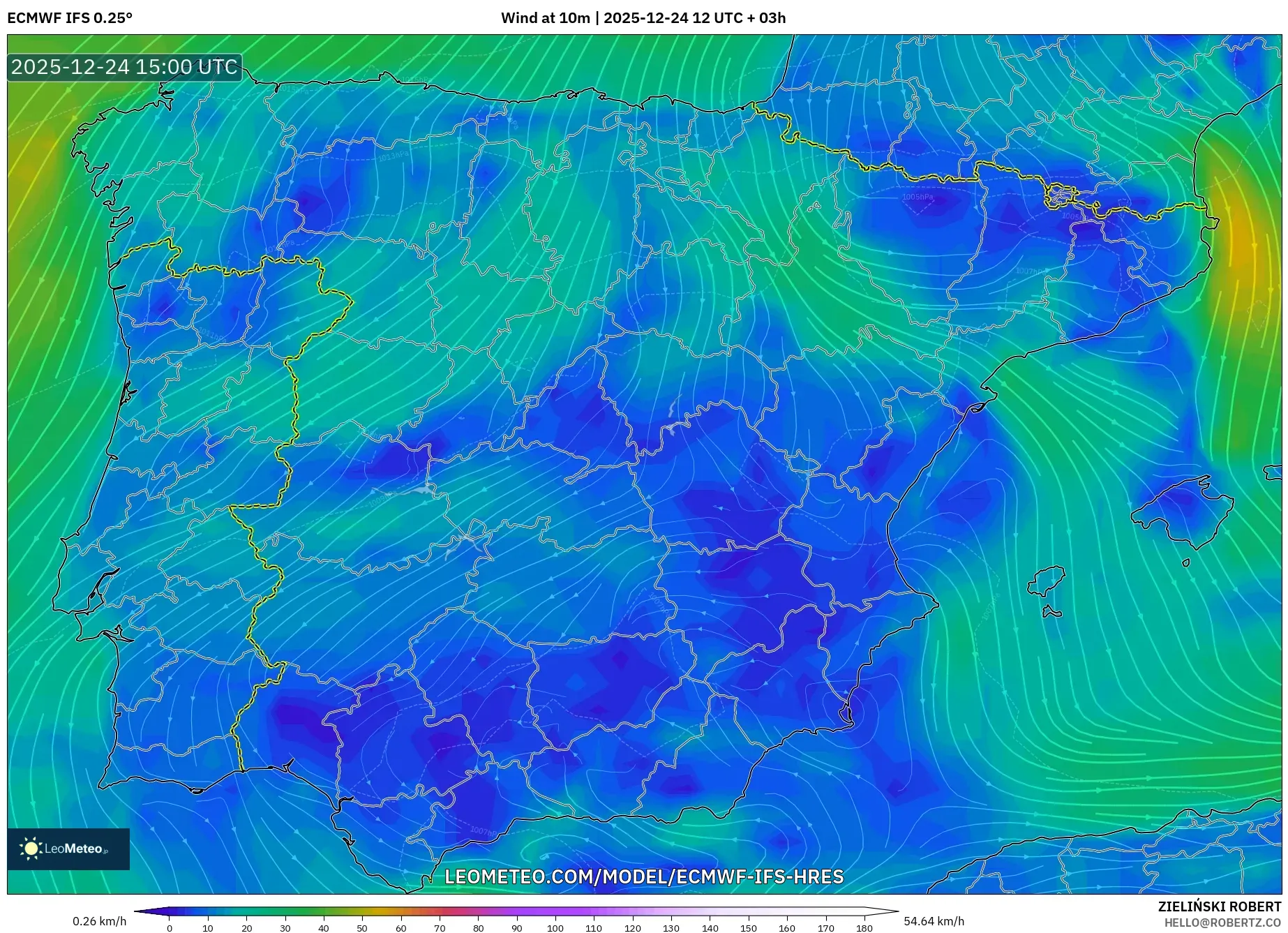 ECMWF IFS 0.25° model - Spain, Wind at 10m