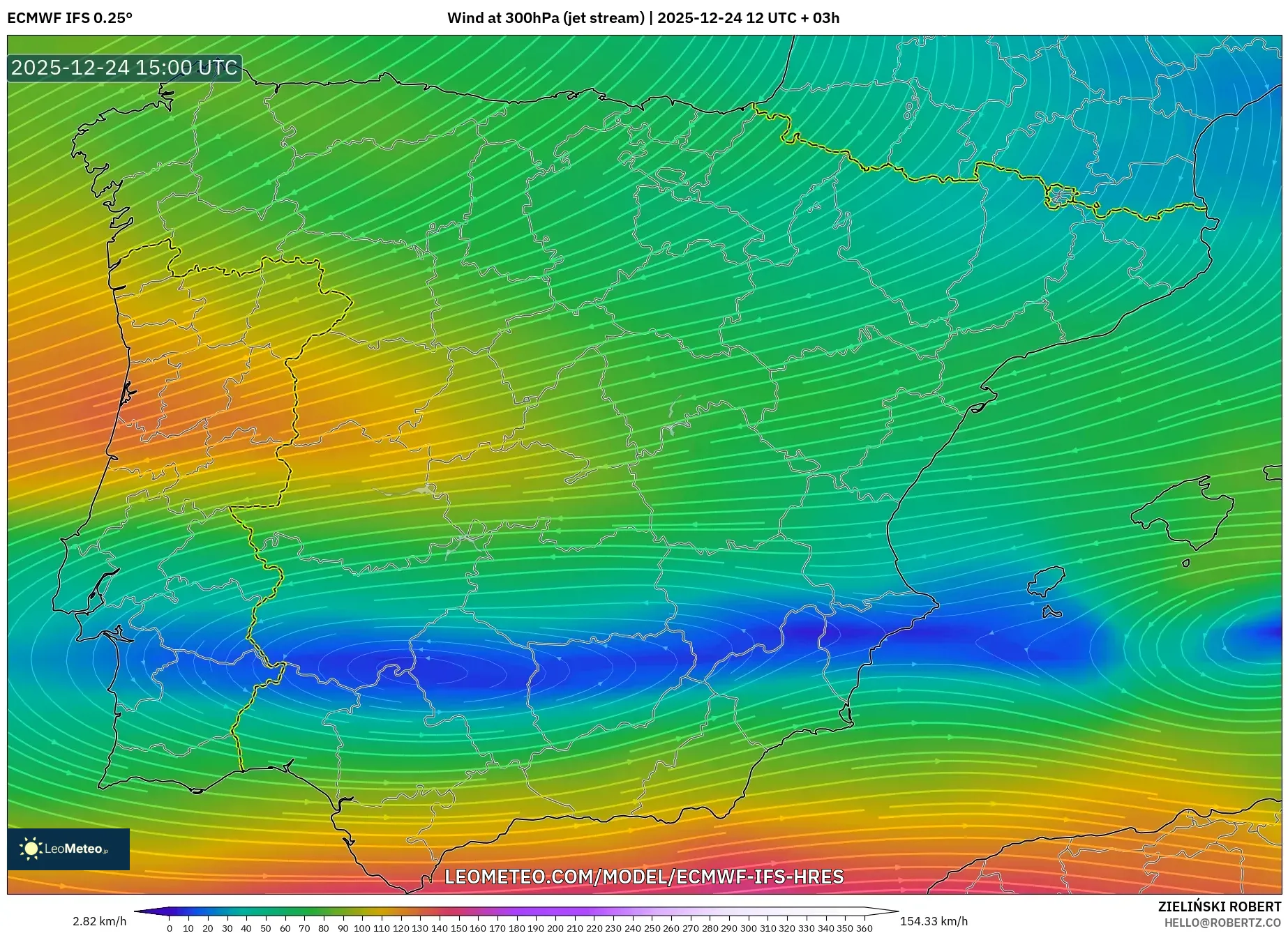 ECMWF IFS 0.25° model - Spain, Wind at 300hPa (jet stream)
