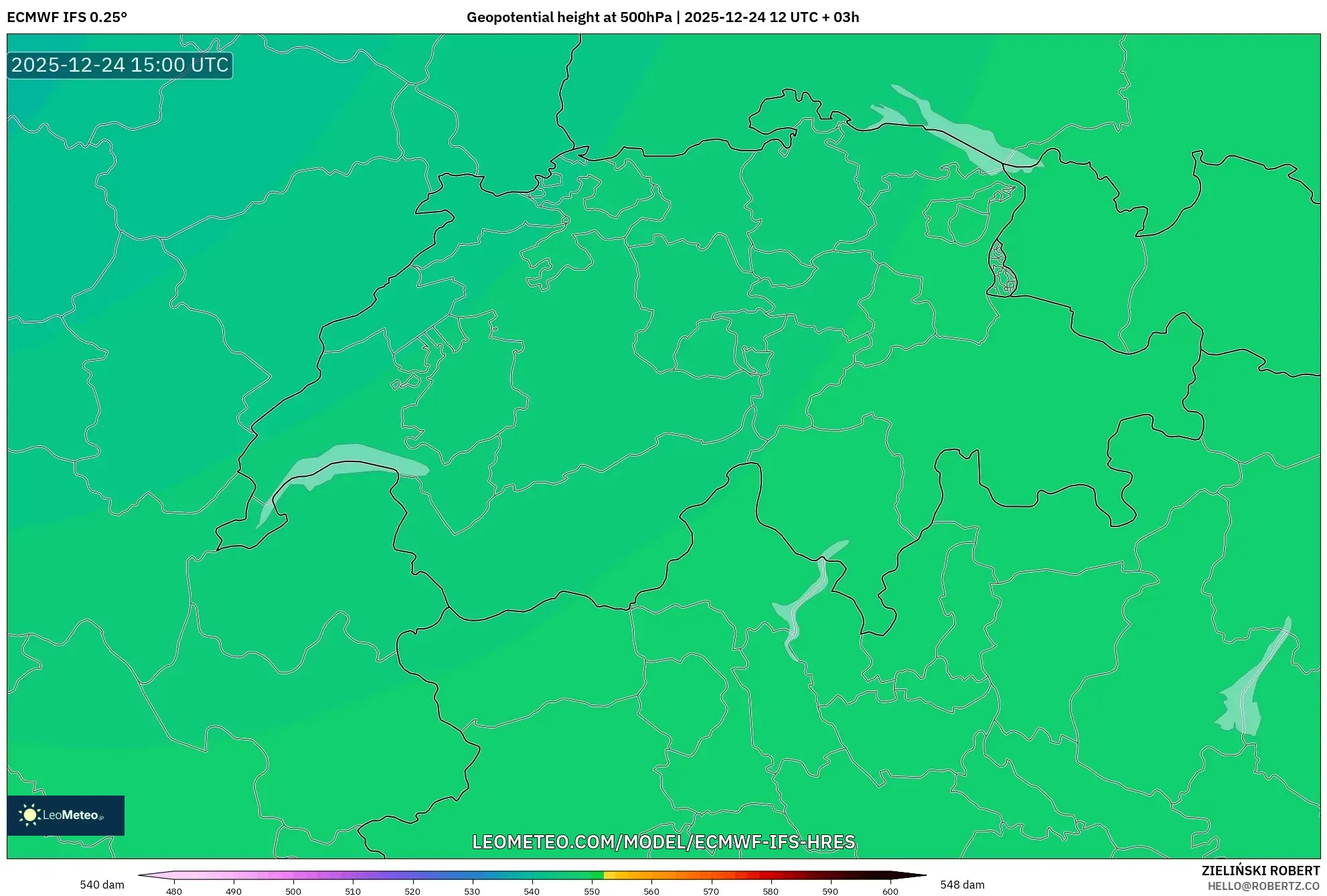 ECMWF IFS 0.25° model - Switzerland, Geopotential height at 500hPa